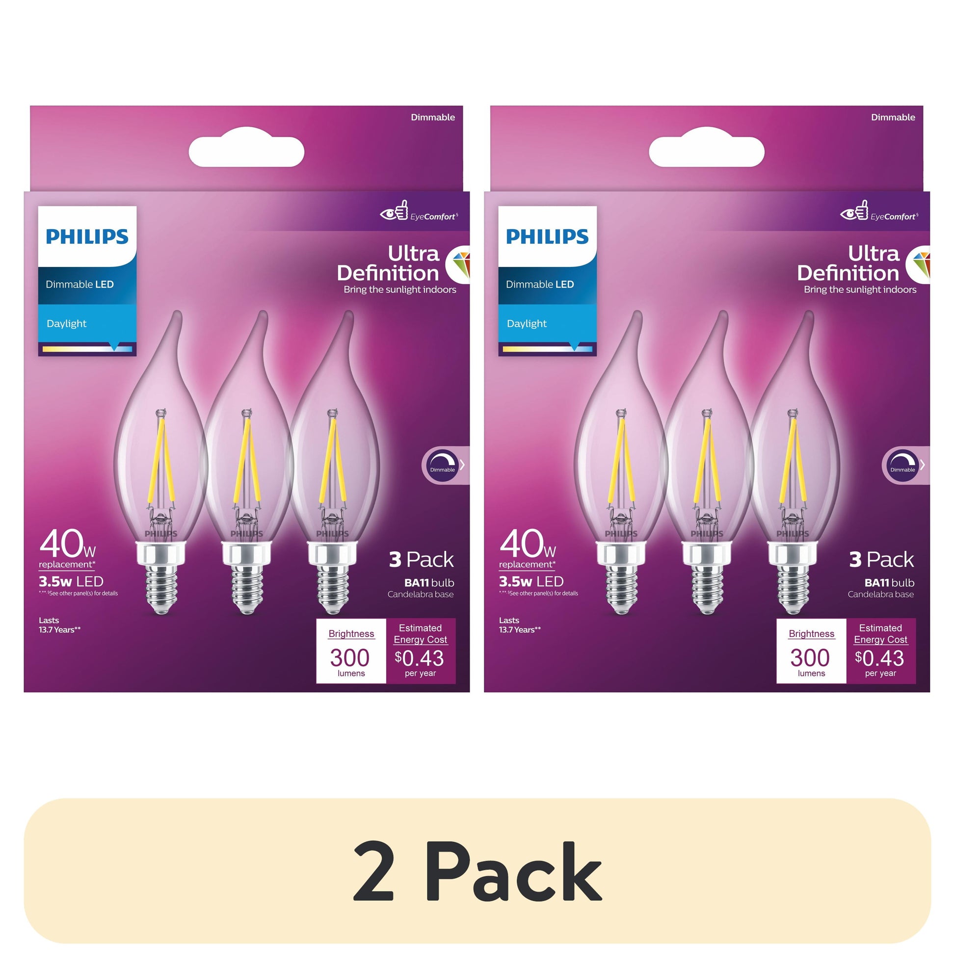 (2 pack) Philips Ultra Definition LED 40-Watt BA11 Filament Candle Light Bulb, Clear Daylight, Dimmable, E12 Candelabra Base (3-Pack)