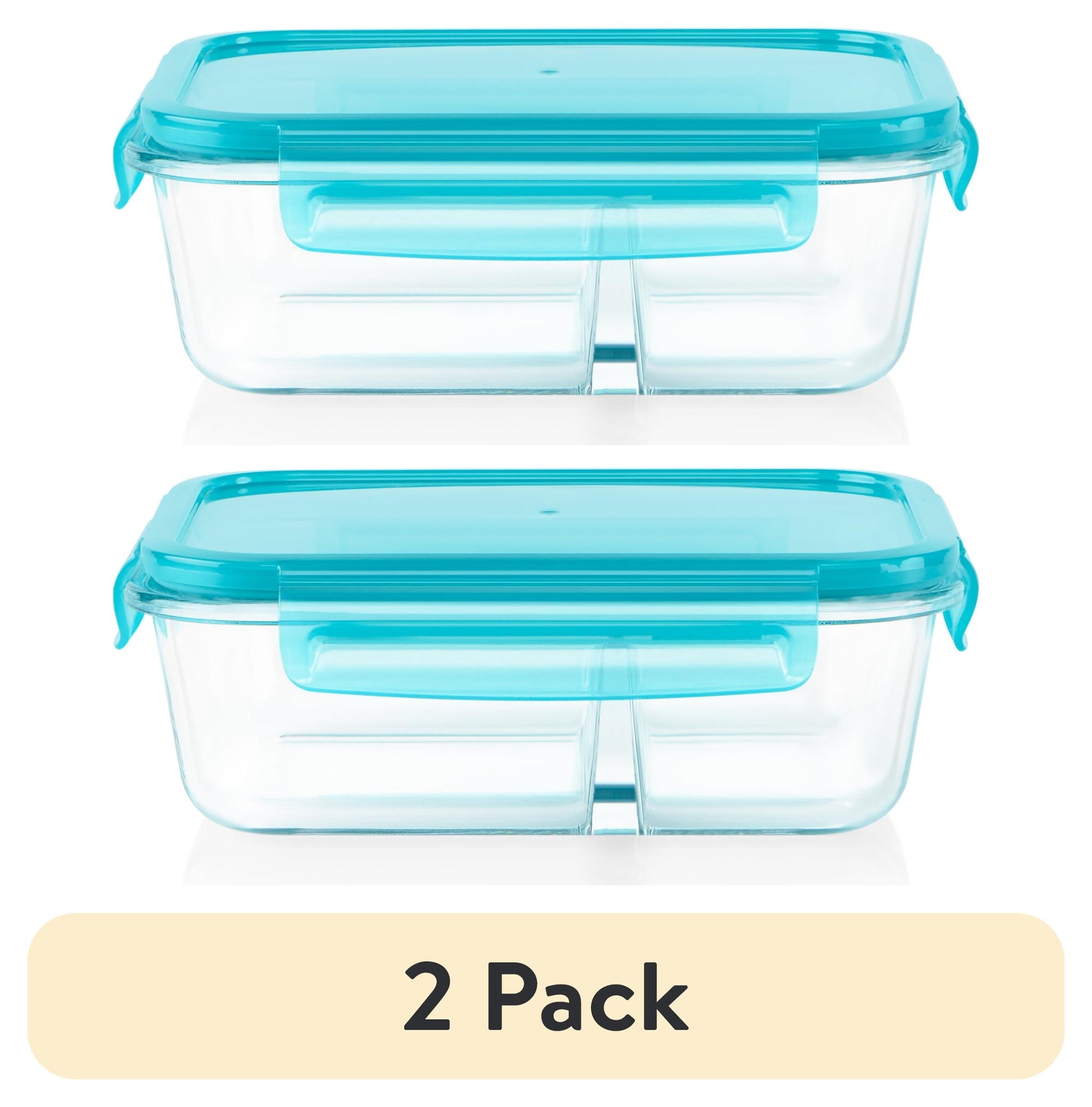 (2 pack) Pyrex MealBox 4-cup Divided Glass Food Storage Container with Turquoise Lid