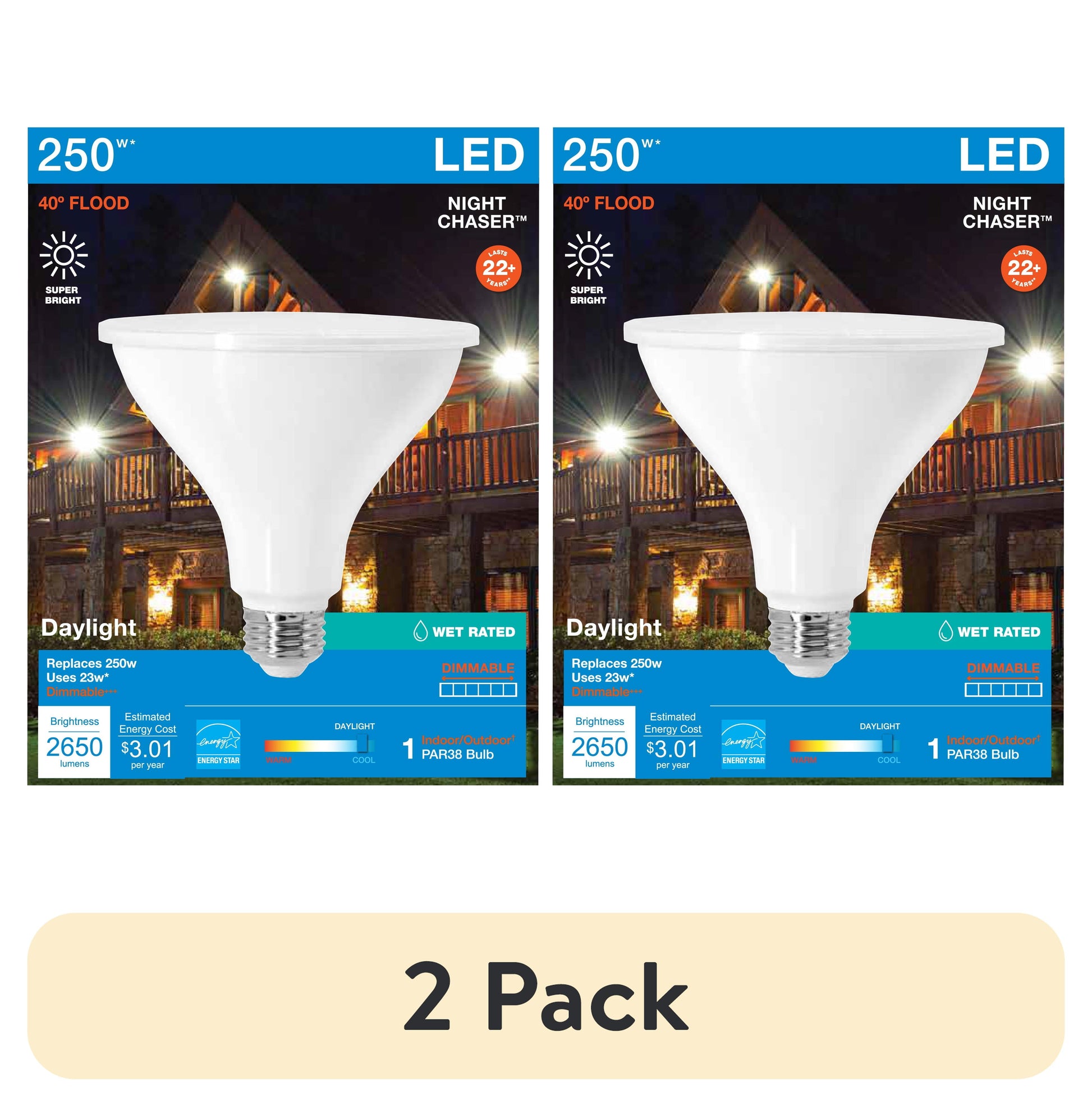 (2 pack) SYLVANIA PAR38 Night Chaser LED Light Bulb 250W, 40* Beam Spread, Dim, 2650 Lumen, Daylight, 13 yr