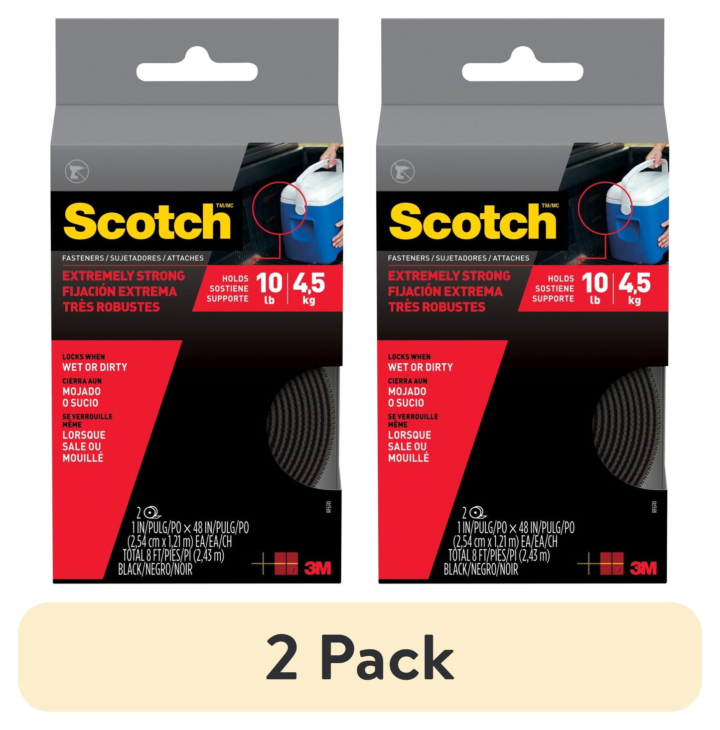 Scotch Extreme Black Hook & Loop Fasteners, Use Anywhere, 10 lbs, 1 in x 4 ft, 2 Count