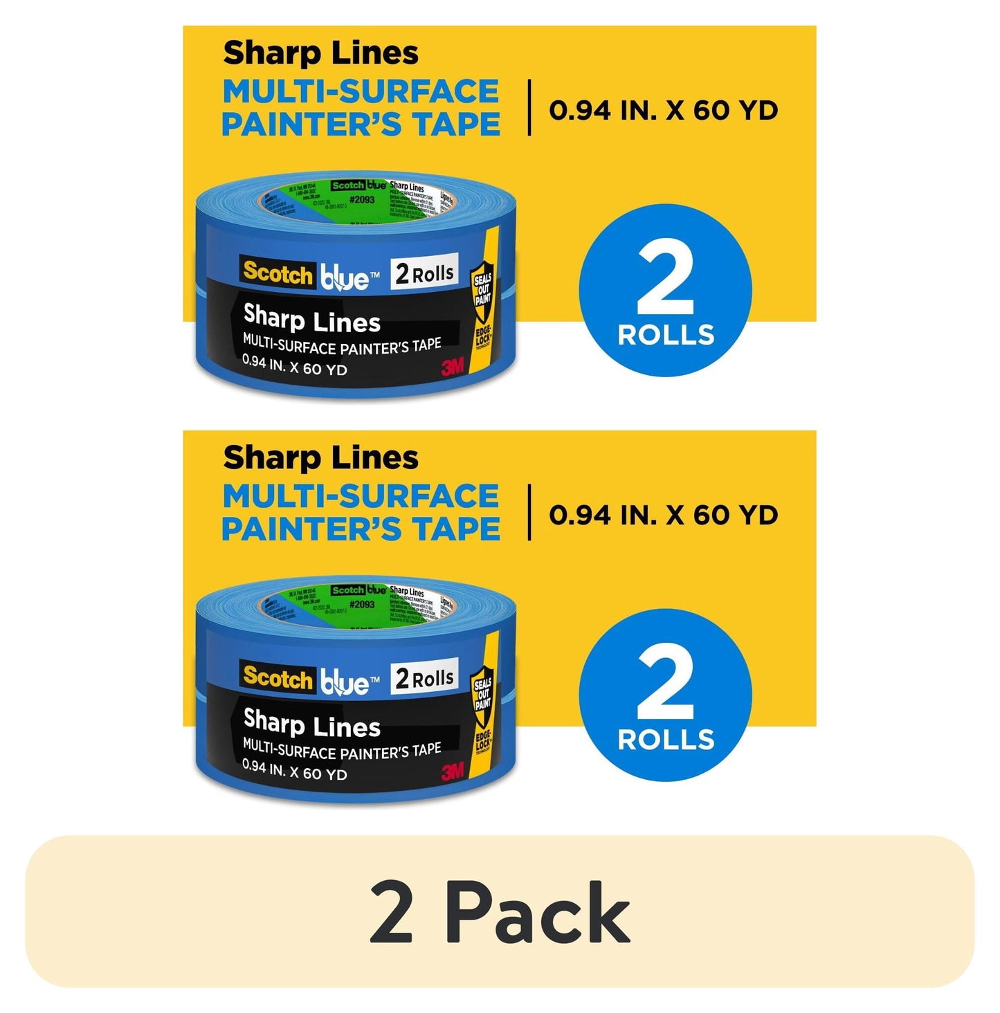 ScotchBlue Sharp Lines Painter's Tape, Blue, 0.94 in x 60 yd, 2 Rolls
