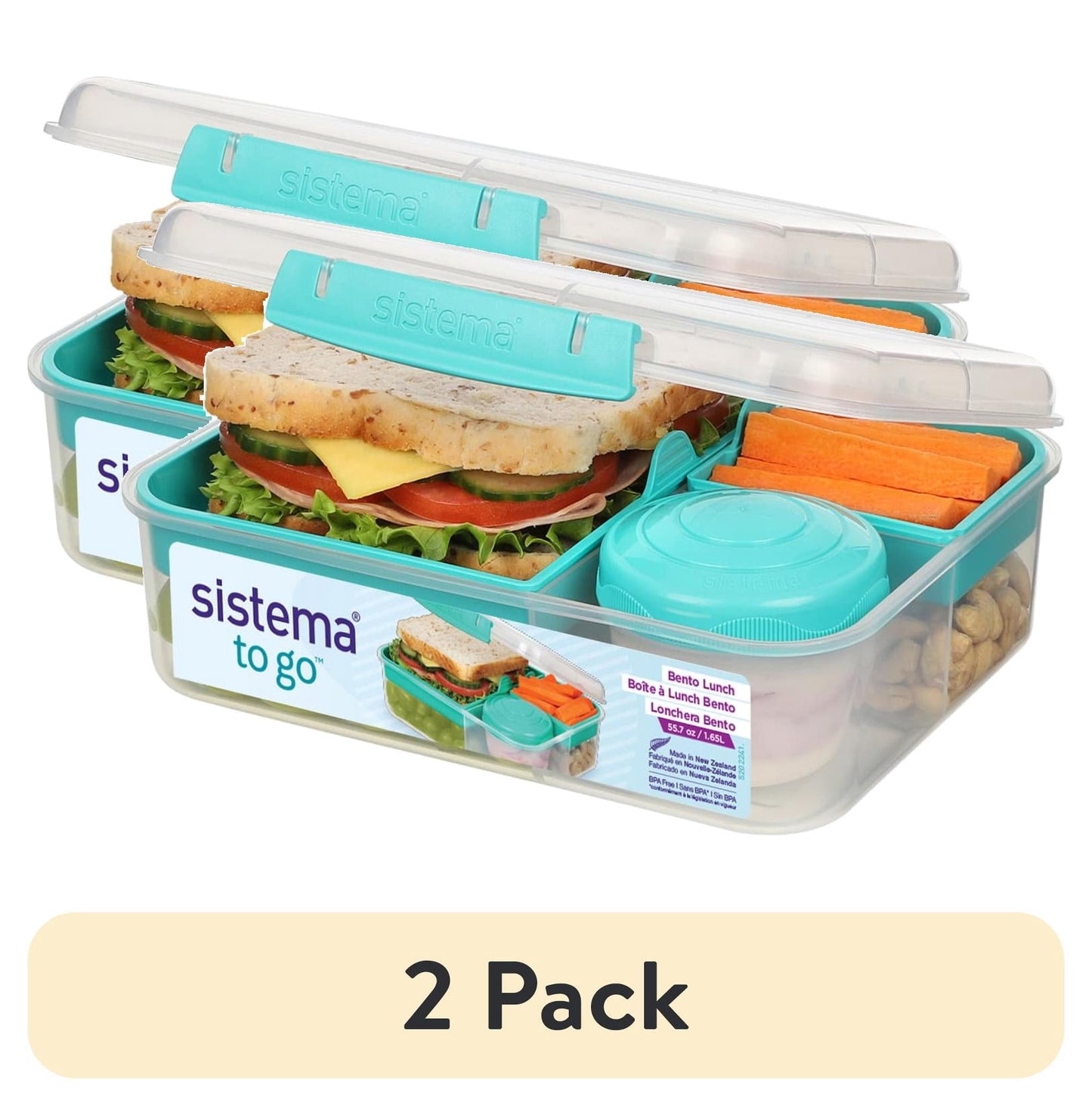 (pack de 2) Sistema Bento Box TO GO / Fiambrera con Yogur/fruta / 1,65 L / sin BPA / Verde Azulado Mentolado [21690-8T]