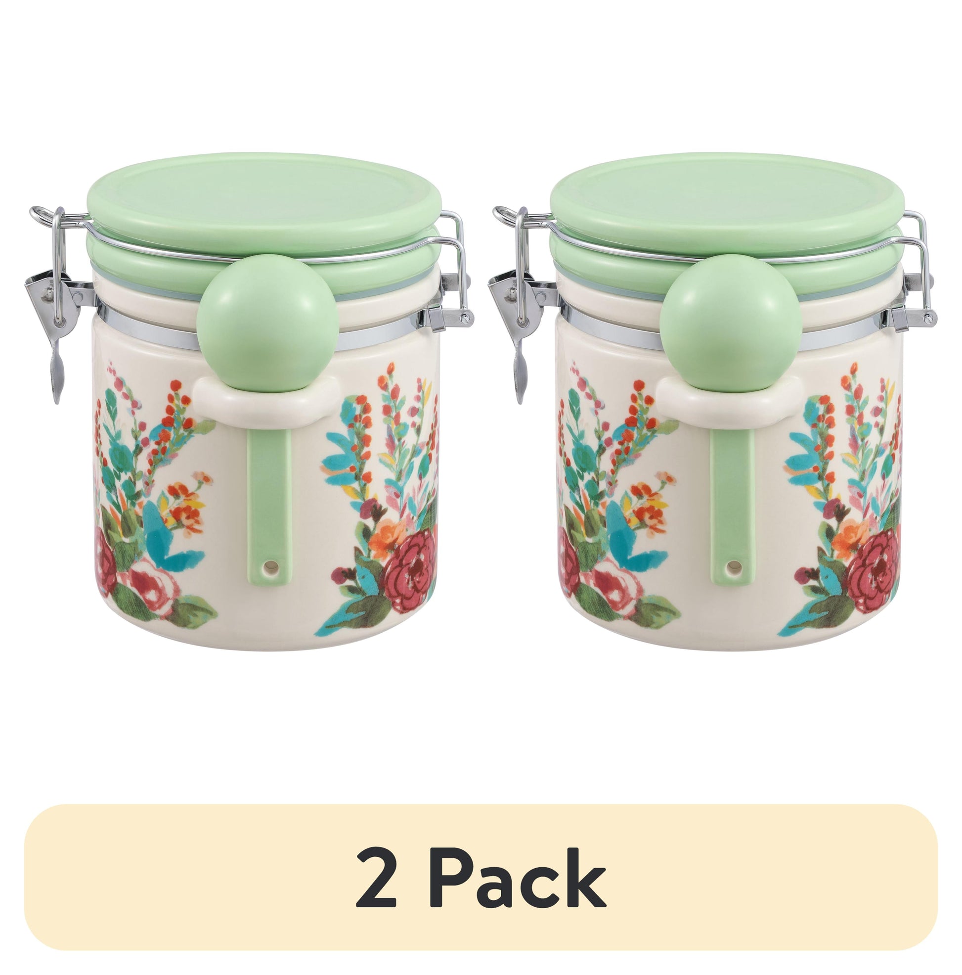 (2 pack) The Pioneer Woman Painted Meadow Large Canister with Ceramic Spoon, Best Used for Pantry Organization and Food Storage