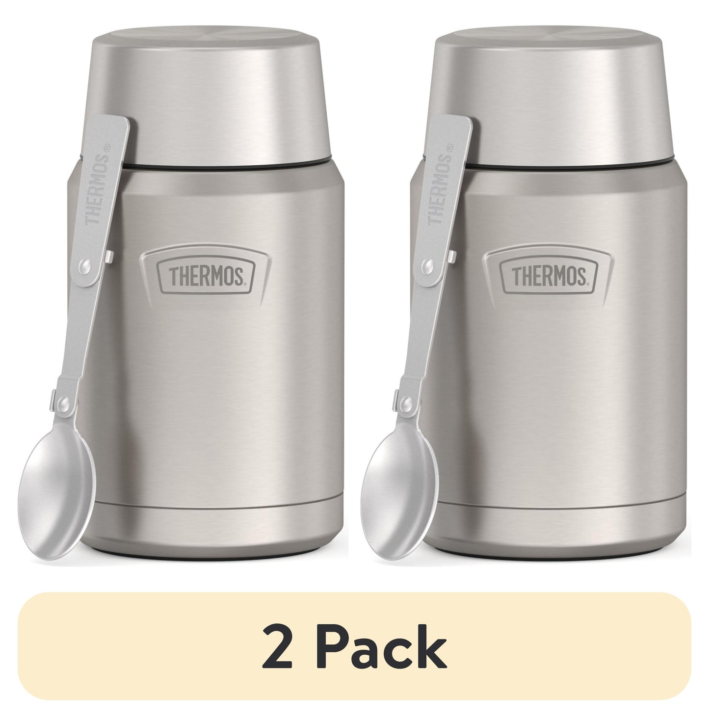 (2 pack) Thermos Vacuum Insulated Food Jar w/ Folding Spoon, 24oz, Matte Stainless, Well Suited to Hot or Cold Meals Away from Home, Made for Portable Food Storage