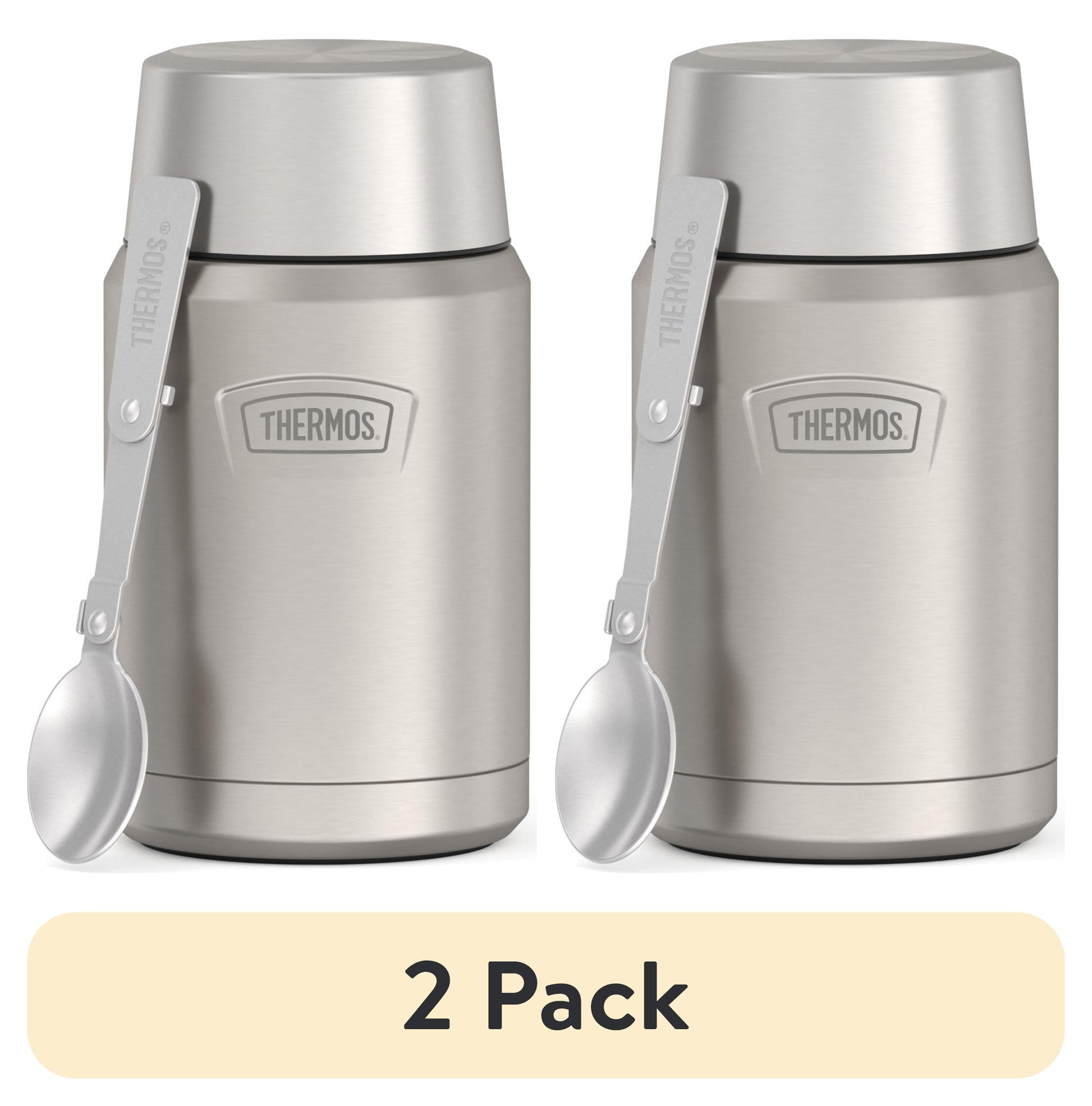 (2 pack) Thermos Vacuum Insulated Food Jar w/ Folding Spoon, 24oz, Matte Stainless, Well Suited to Hot or Cold Meals Away from Home, Made for Portable Food Storage