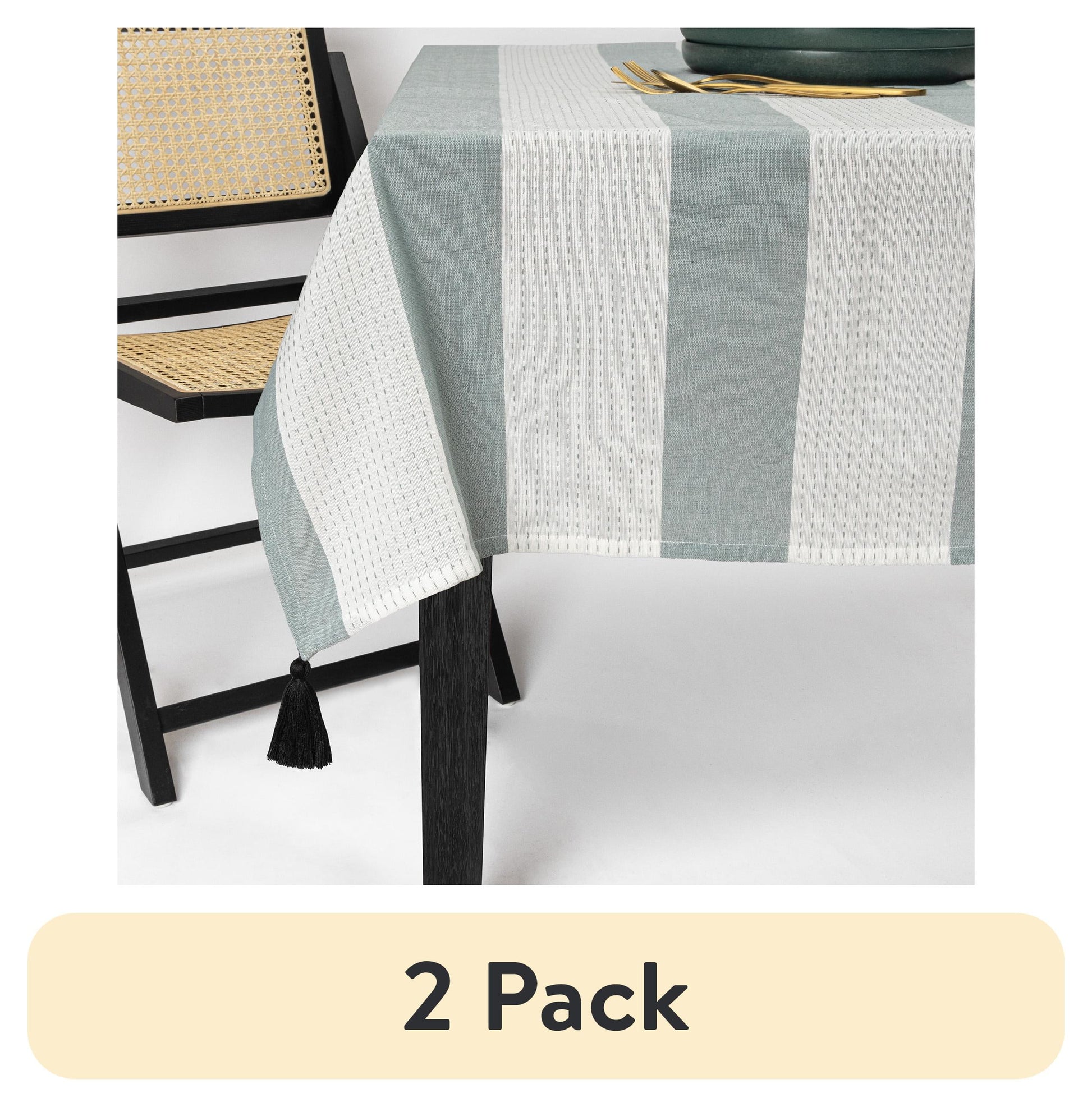 (Paquete de 2) Mantel Rectangular de 102", Verde y Blanco con Borlas Negras