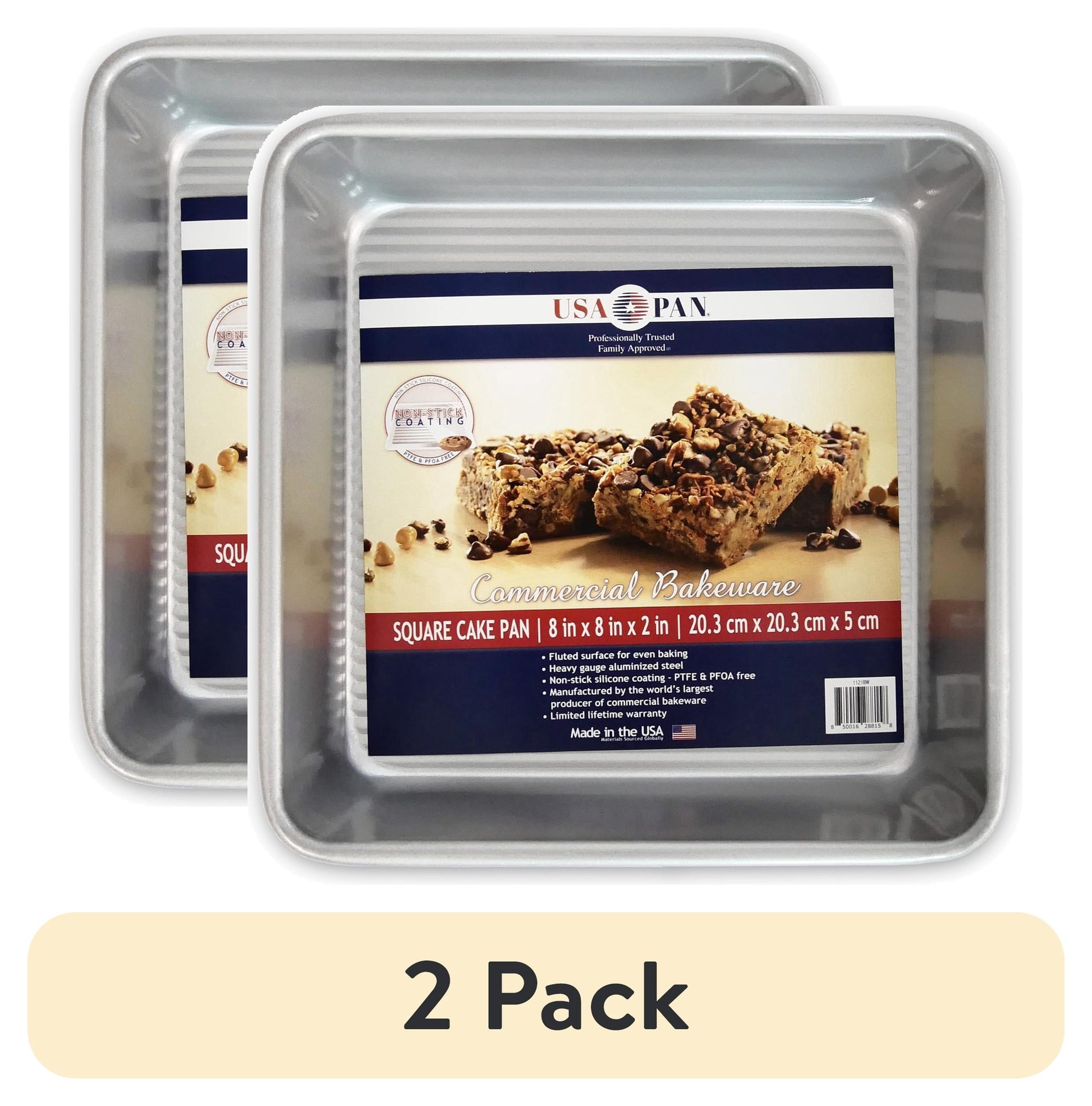 (2 pack) USA Pan Bakeware Seamless Nonstick 8 Inch Square Cake Pan, Aluminized Steel