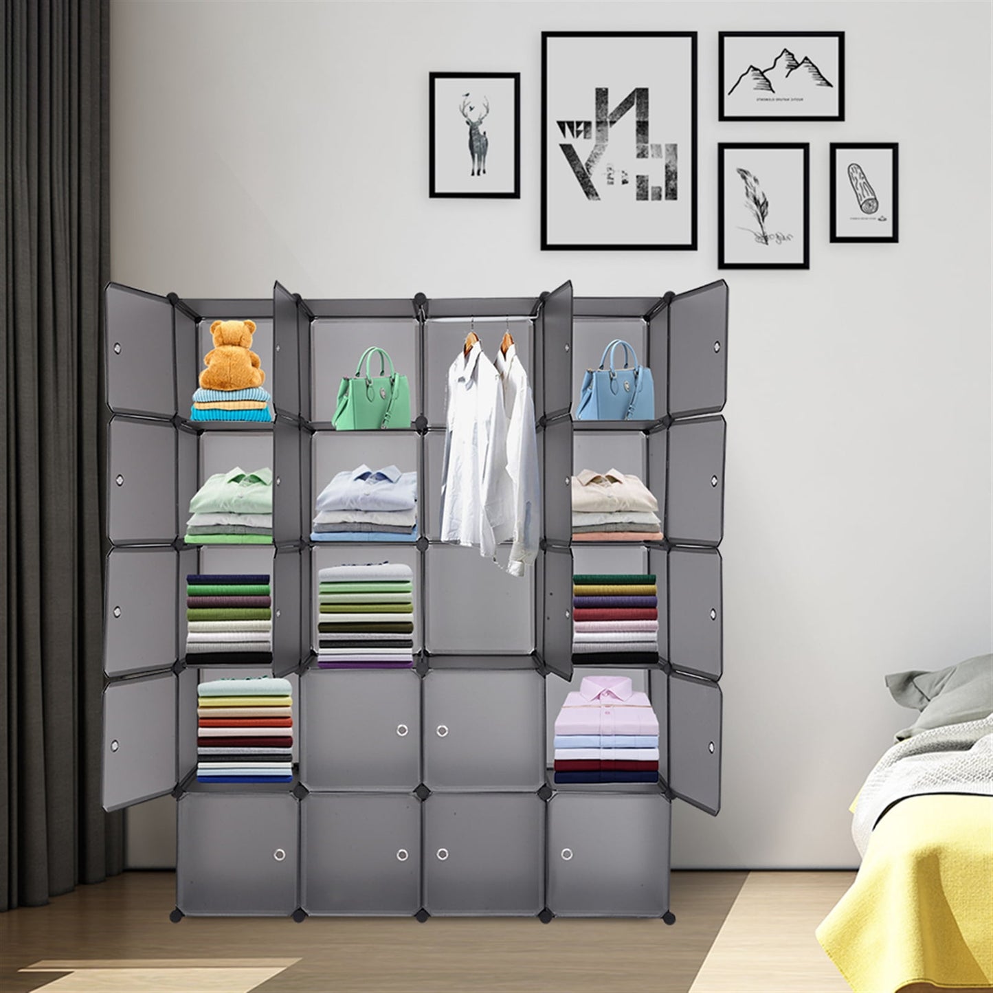 20 Cube Organizer Stackable Plastic Cube Storage Shelves Modular Closet Cabinet with Hanging Rod. Gray