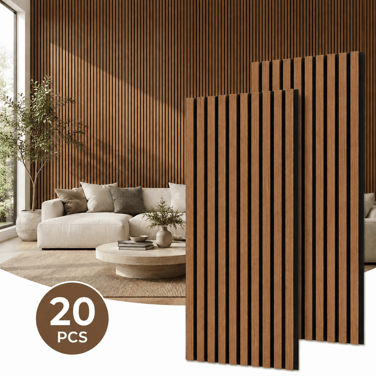 20-Pack Wood Slat Acoustic Wall Panels, 24" x 12" MDF Slat Wall Paneling for Modern Interior Wall Decor, Sound Absorbing Accent Panels, 39.99 Sq. Ft.,Walnut