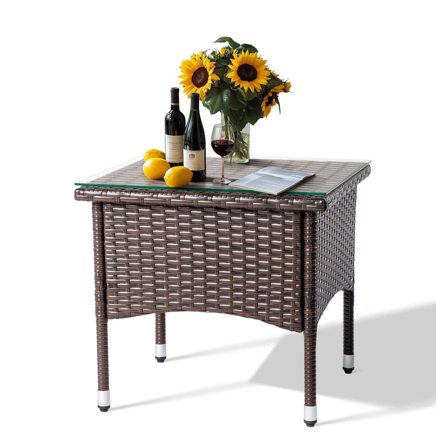 20" Patio Side Table, Handwoven Rattan with Glass Top - All-Weather, Easy to Clean for Backyard Deck Porch Poolside, Brown