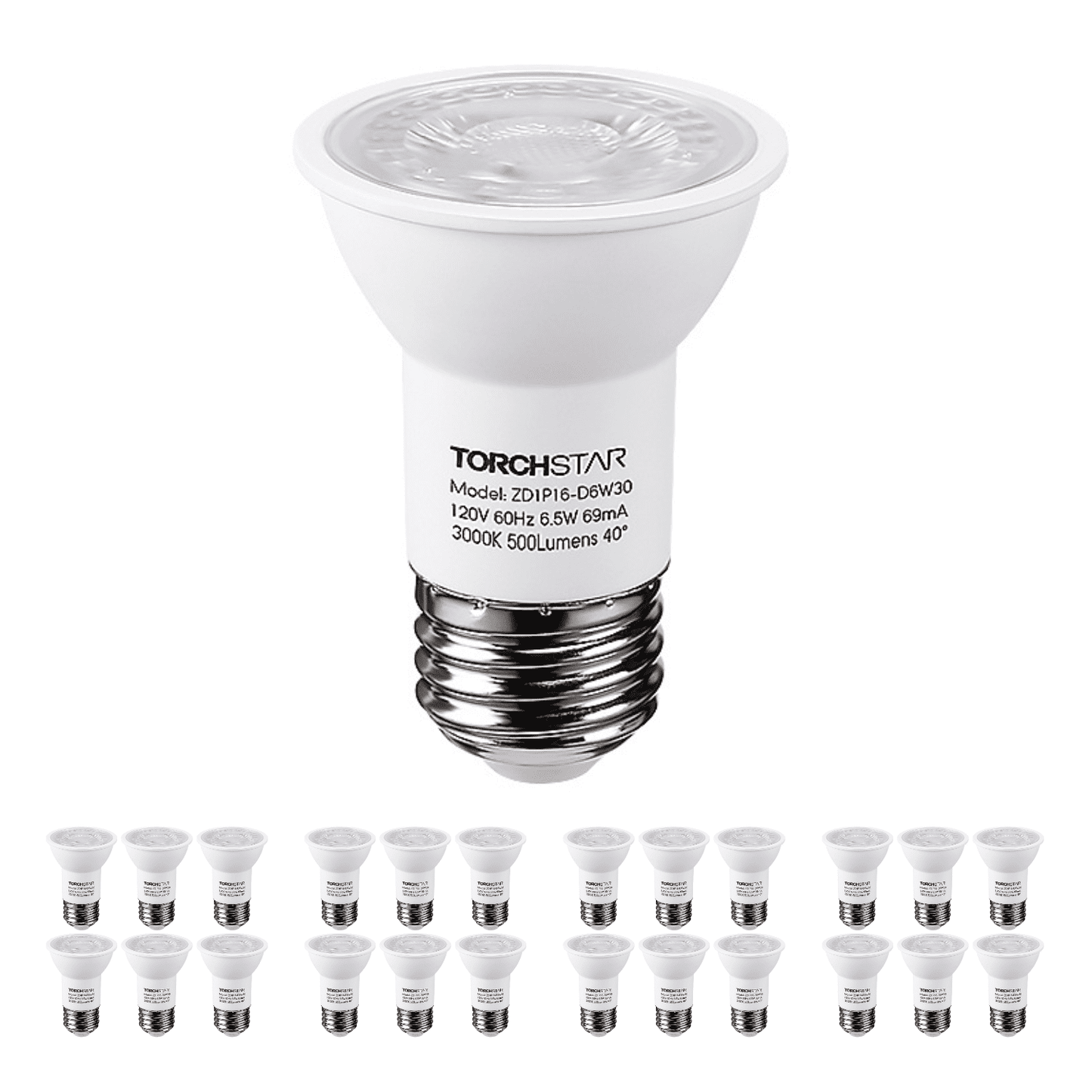 24 Pack LED PAR16 Spot Light Bulbs, 6.5W(50W Eqv.) 500lm E26 Medium Base Dimmable Spotlight, 40Â° Beam Angle, UL Listed Track Light Bulb, 3000K Warm White