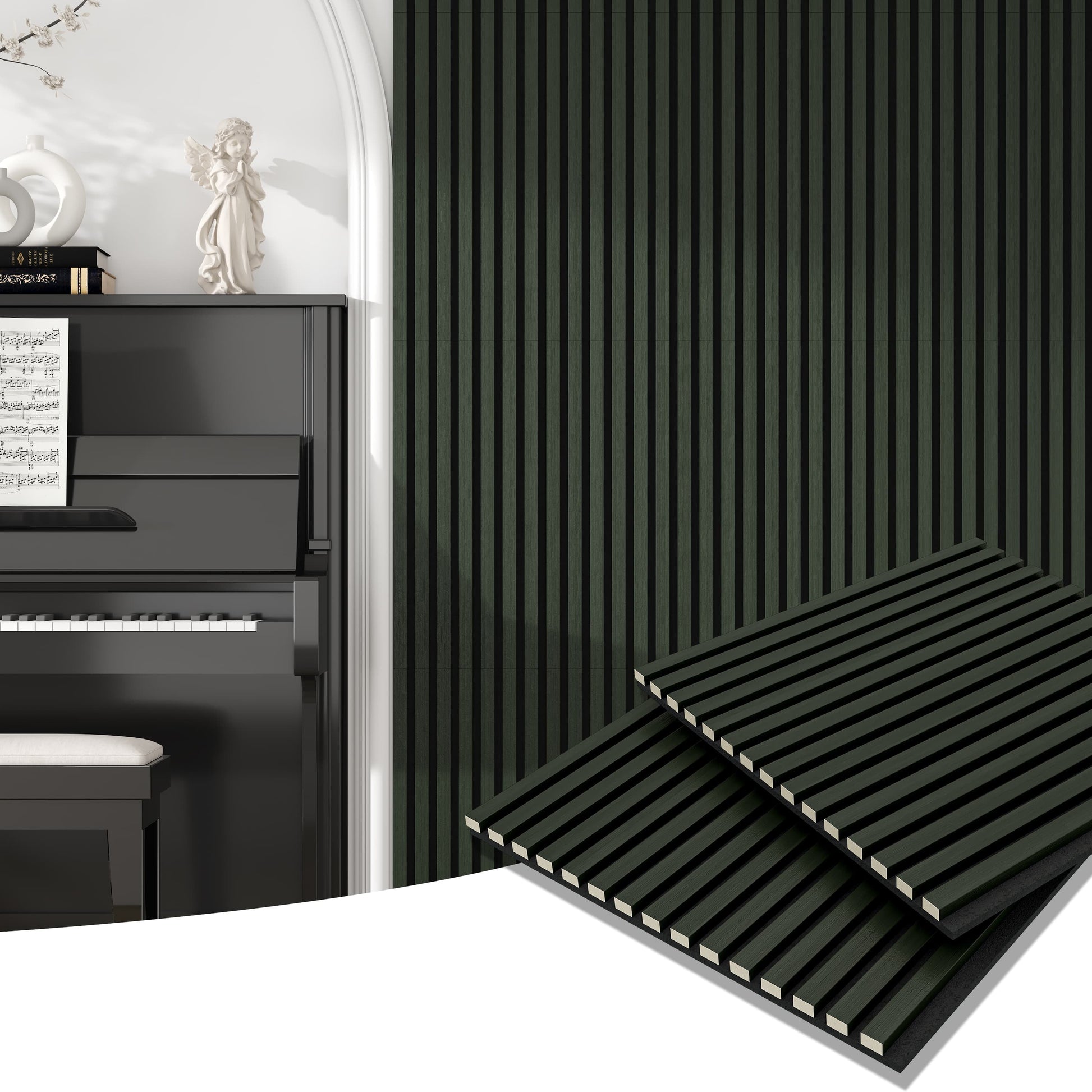 24"x24" Acoustic Slat Wood Wall Panel 3D Slatted Wall Panels 4Pcs,Black