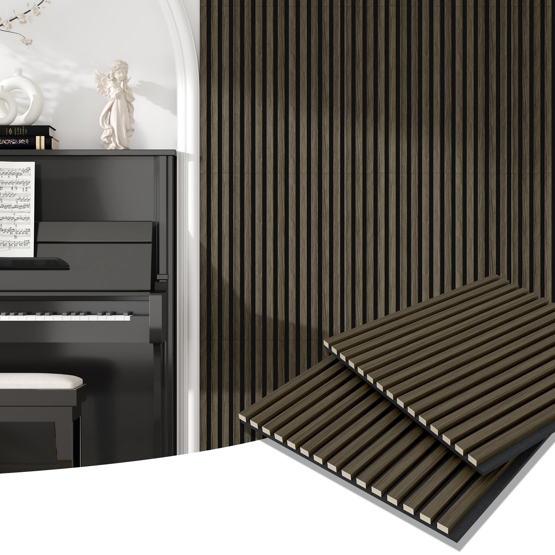 24"x24" Acoustic Slat Wood Wall Panel 3D Slatted Wall Panels 4Pcs,Walnut