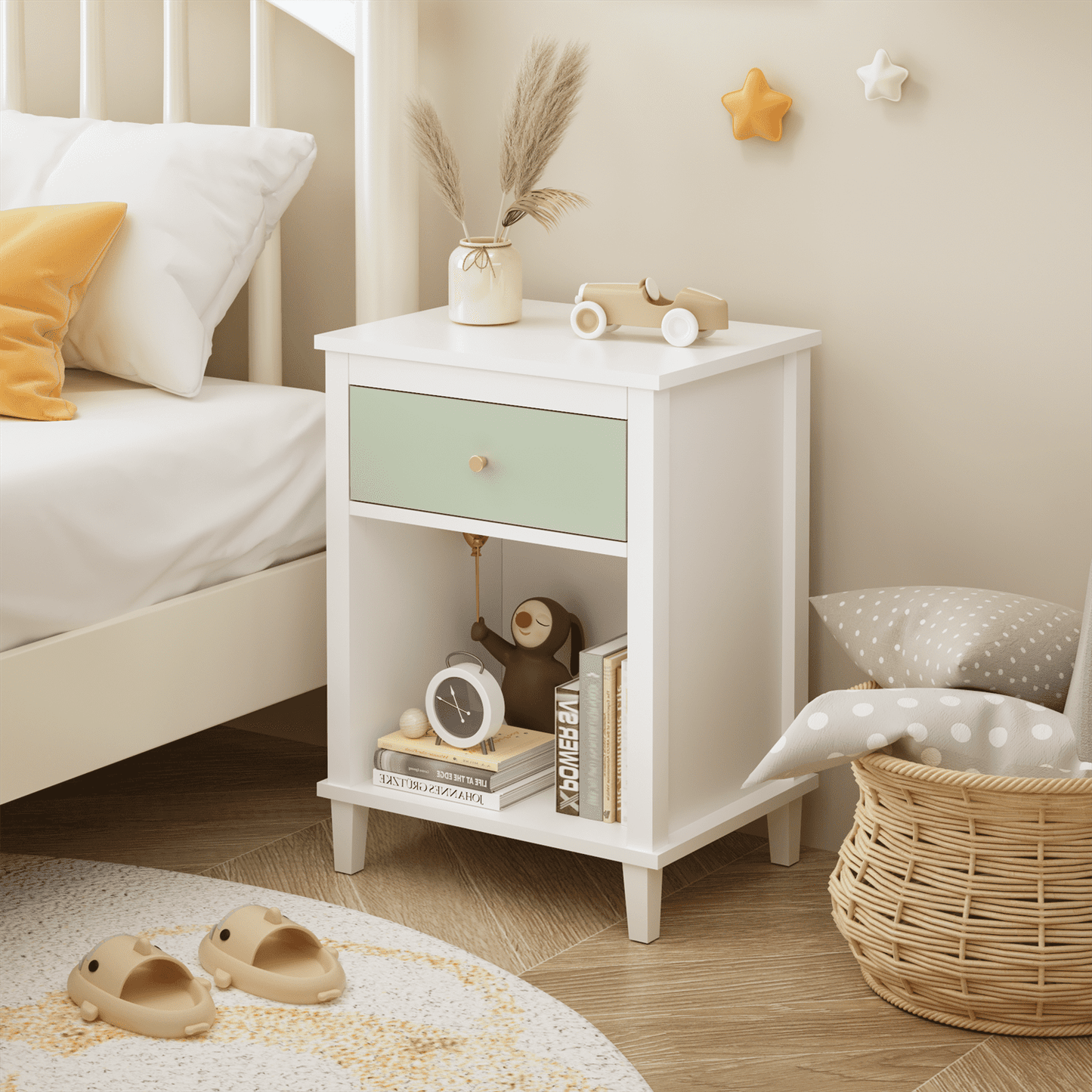 26.77"H Wooden Nightstand with One Drawer One Shelf for Kids, Adults, Sage+Golden handle