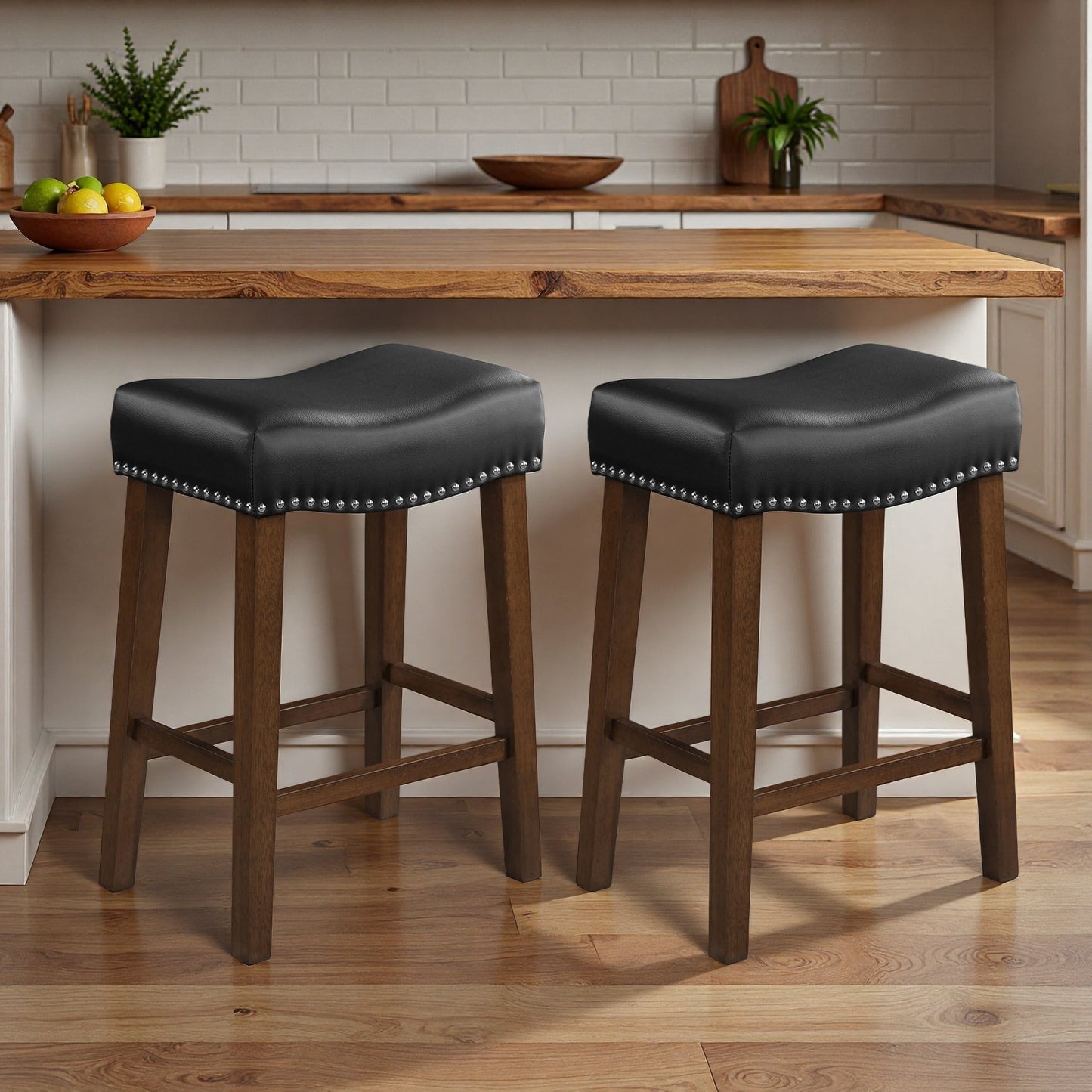 26 Inch Counter Height Bar Stools Set of 2 Saddle Barstools for Kitchen Island, Bonded Leather Kitchen Stools, Black