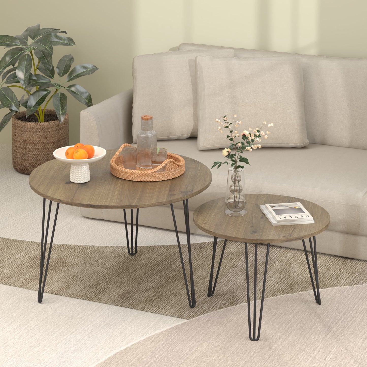 27.56'' Round Nesting Coffee Table Set of 2,Wooden End Table Set, with Metal Base for Living Room,Bedroom,Black