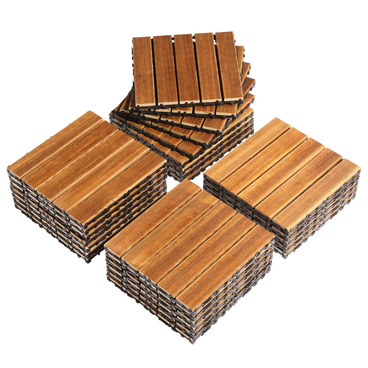 27pcs Wood Interlocking Deck Tiles 11.8"x11.8", Waterproof Flooring Tiles for Indoor and Outdoor, Patio Wood Flooring for Patio Porch Poolside Balcony Backyard, Stripe Pattern