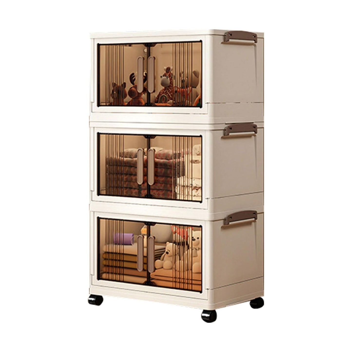 Gabinete de Almacenamiento Apilable de 28"H con Puertas y Ruedas, Contenedor Organizador de PlÃ¡stico Ajustable de 3 Niveles para Almacenamiento en Hogar, Oficina, Garaje, Blanco