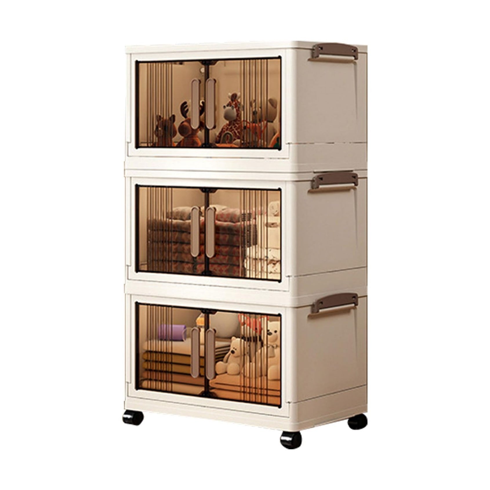 Gabinete de Almacenamiento Apilable de 28"H con Puertas y Ruedas, Contenedor Organizador de PlÃ¡stico Ajustable de 3 Niveles para Almacenamiento en Hogar, Oficina, Garaje, Blanco