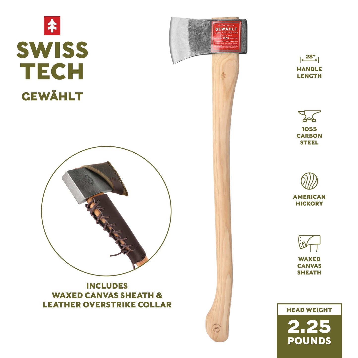 Swiss Tech 28-inch Drop Forged Steel Axe with Hickory Handle, Gewahlt