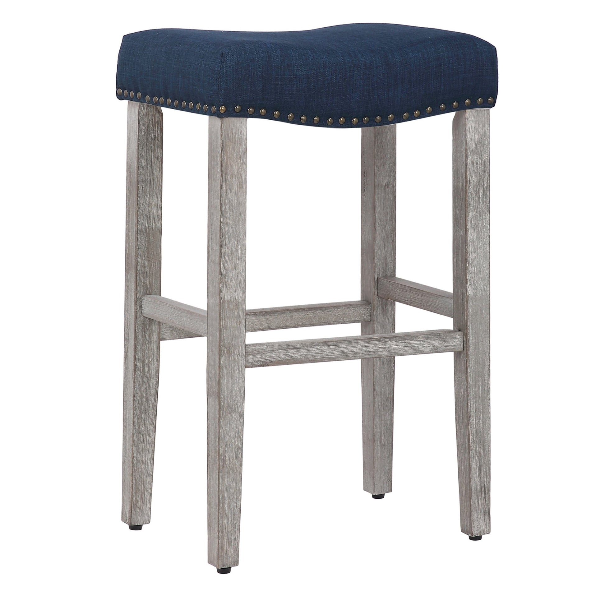 29" Inch Upholstered Backless Saddle Seat Counter Stool, Antique Gray/Navy Blue