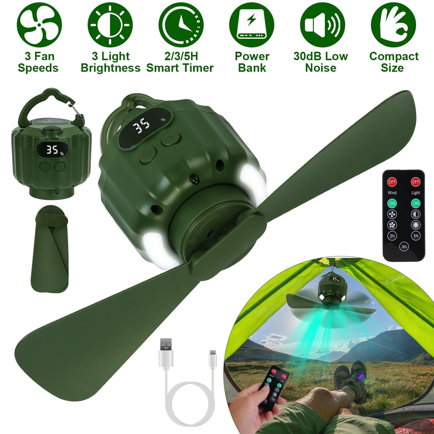 3 in 1 Camping Fan with LED Lantern, Portable Hanging Tent Fan 3 Speed Wind, Timer Function & Power Bank, Low Noise Rechargeable Fan with Remote Control for Outdoor Camping Fishing RV, 10400mAh