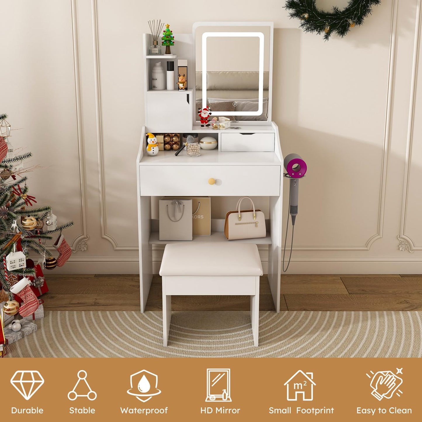 3-Color LED Vanity Mirror with Stool, Dressing Table with 2 Drawers and 5 Storage Cabinets, Adjustable Lighting Makeup Desk for Bedroom, White