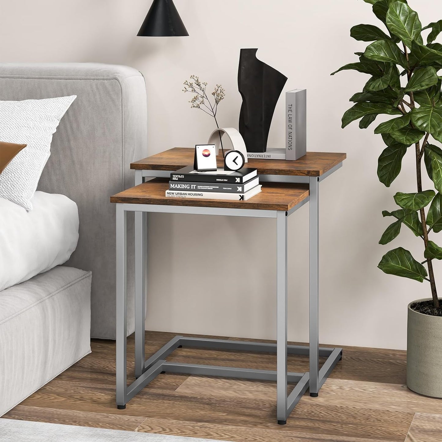 3 Pcs Coffee End Tables Stacking Side Nightstand Living Room Furniture, Rustic Industrial Gray