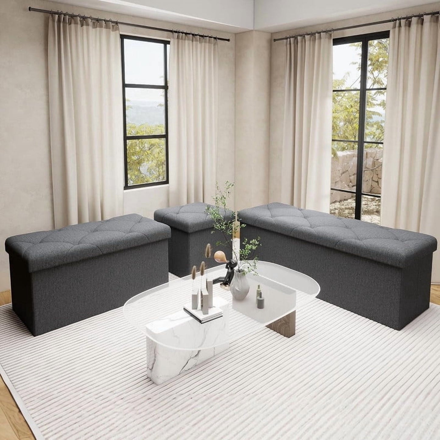 3-Piece Storage Ottoman Bench, Folding Storage Bench Ottoman, End of Bed Bench for Bedroom, Living Room, and Utility Room