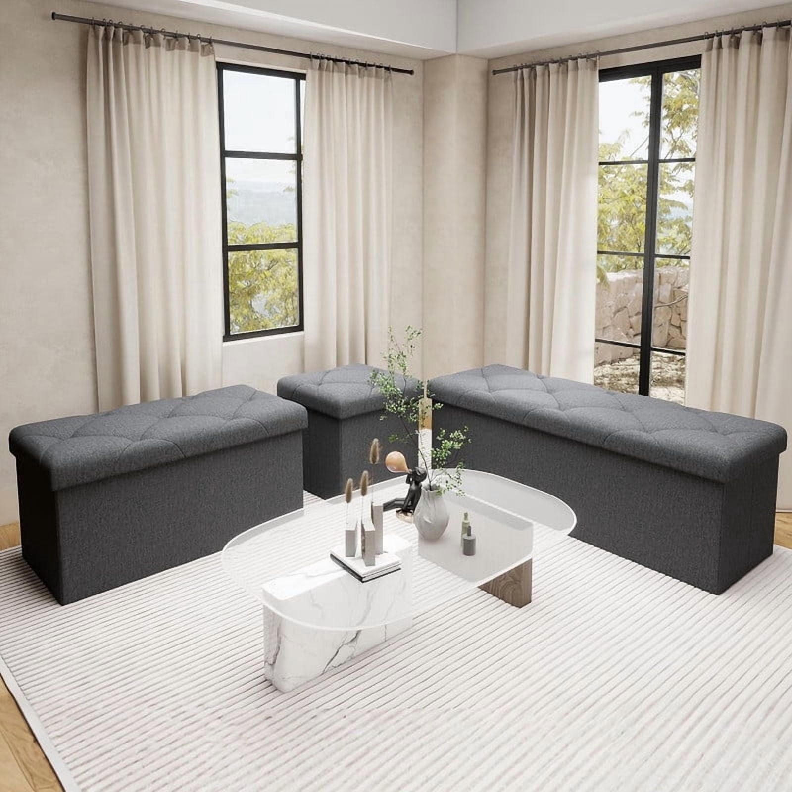 3-Piece Storage Ottoman Bench, Folding Storage Bench Ottoman, End of Bed Bench for Bedroom, Living Room, and Utility Room