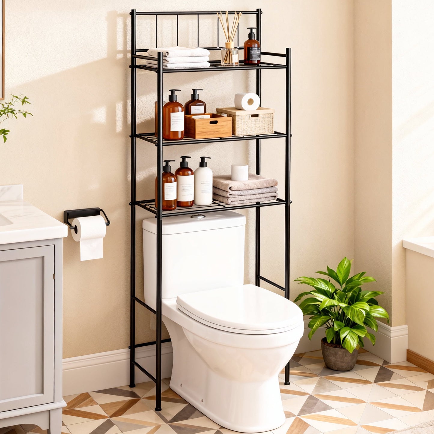 GARITIN Over the Toilet Storage, 3-Tier Over Toilet Storage Rack for Bathroom, Metal Bathroom Organizer Shelves Over Toilet, Black