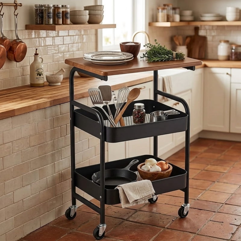 3-Tier Rolling Kitchen Serving Cart on Wheels, Metal Utility Cart with Walnut-Textured Top and Storage Backet, Kitchen Storage Rack Printer Stand