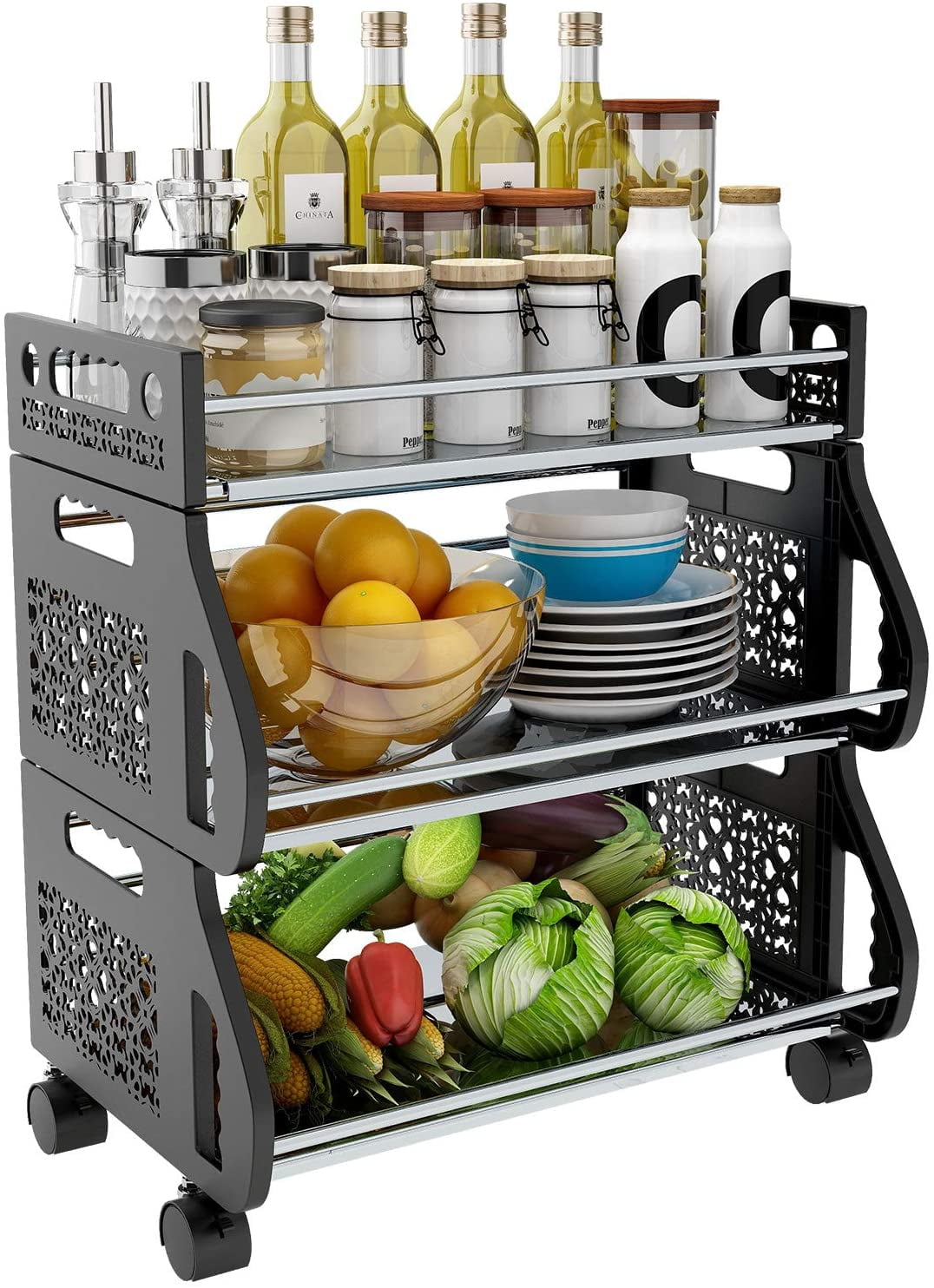 3-Tier Rolling Stackable Vegetable Fruit Basket Utility Cart Rack