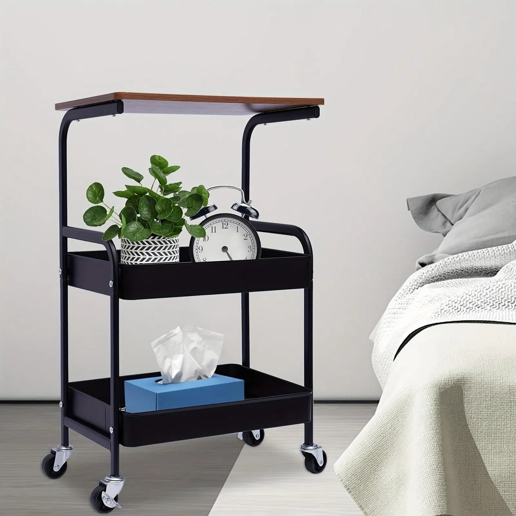 3 Tier Rolling Utility Cart with Walnut Wood Top, Heavy Duty Metal Storage Organizer Cart with Lockable Wheels for Kitchen Bathroom Coffee Bar