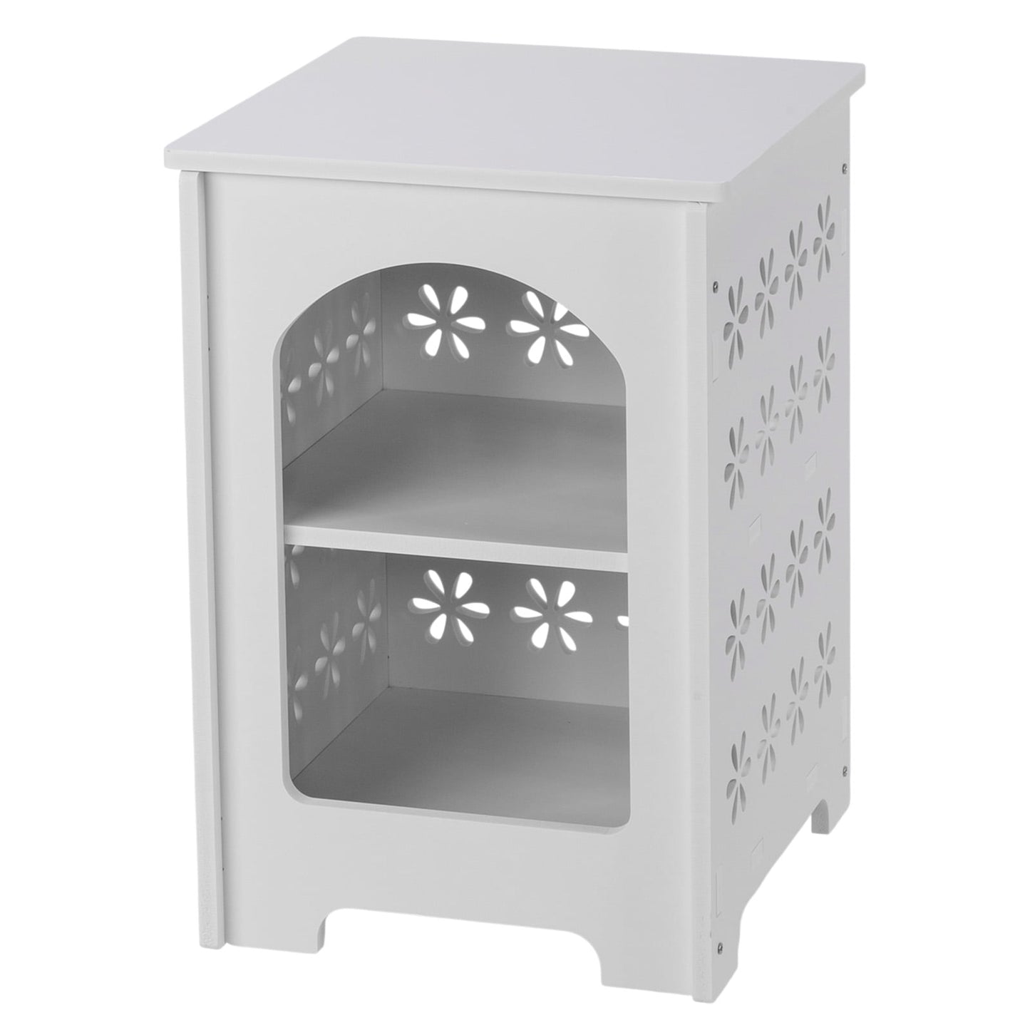 3-Tier Side Table with Storage, Nightstand End Table with Floral Design, Modern Arch Opening Bedside Table for Indoor Outdoor, White