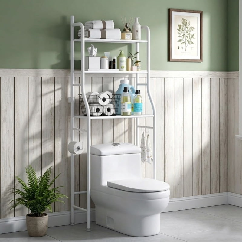 3-Tier Over the Toilet Storage Shelf with Adjustable Foot Pads, Anti-Tilt Metal Bathroom Organizer with Paper Holder & 4 Hooks, No Drill Space Saving Toilet Rack