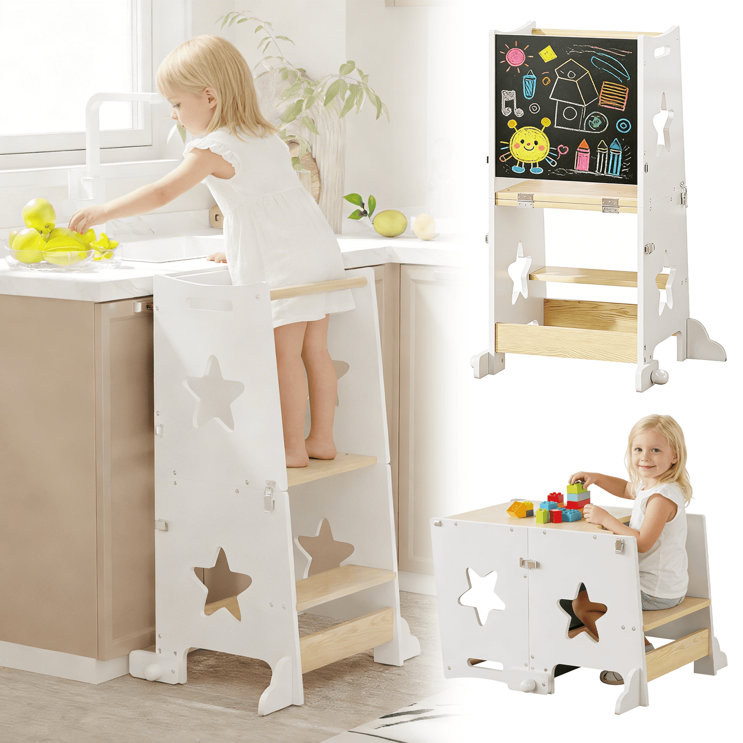 3-in-1 Foldable Wooden Toddler Learning Tower with Blackboard, Convertible Kids Step Stool Table Chair for 1-3 Years Old Boys Girls Gift