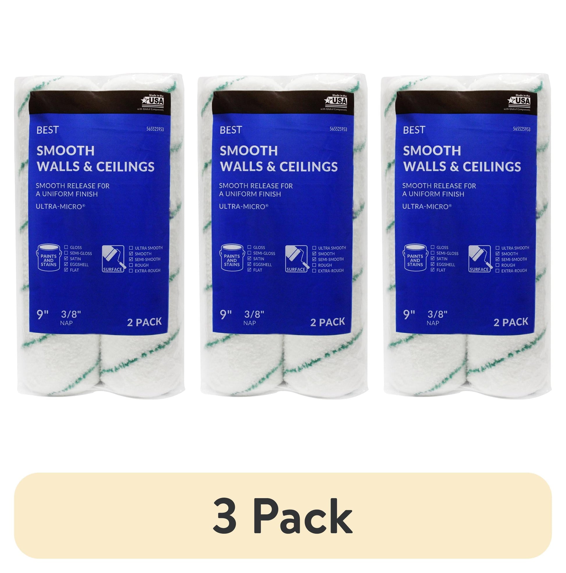 (3 pack) BEST 9" X 3/8" Ultra Microfiber Roller Covers 2pk