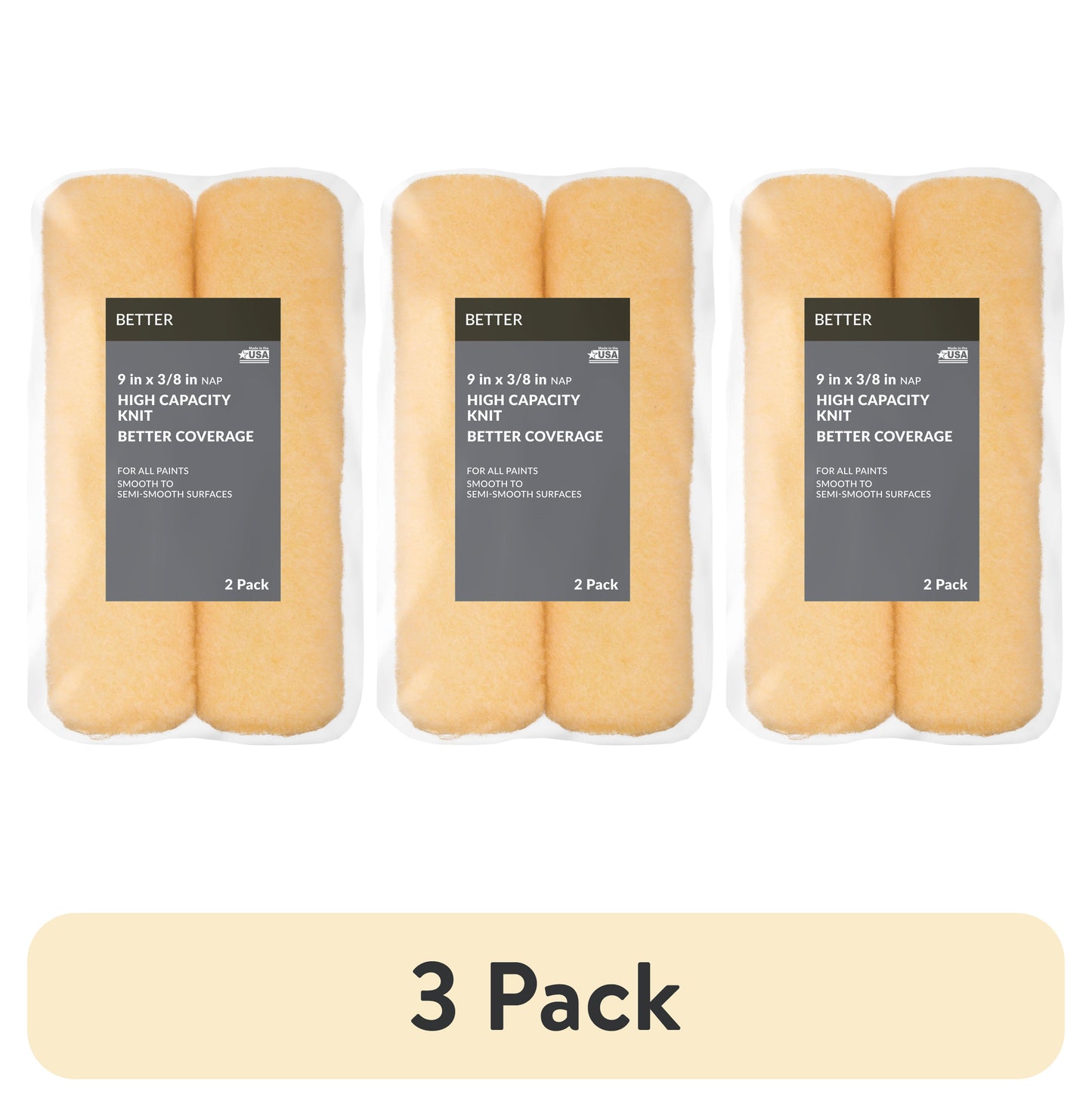 (3 pack) BETTER 9 in x 3/8 in nap High Density Knit Paint Roller Cover, 2 Pack