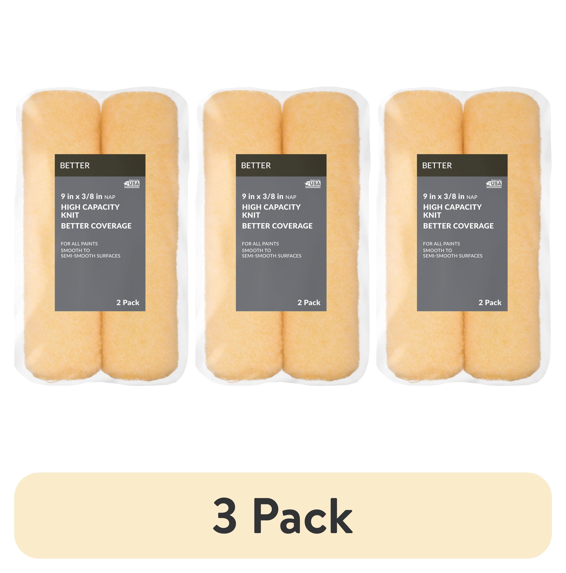 (3 pack) BETTER 9 in x 3/8 in nap High Density Knit Paint Roller Cover, 2 Pack