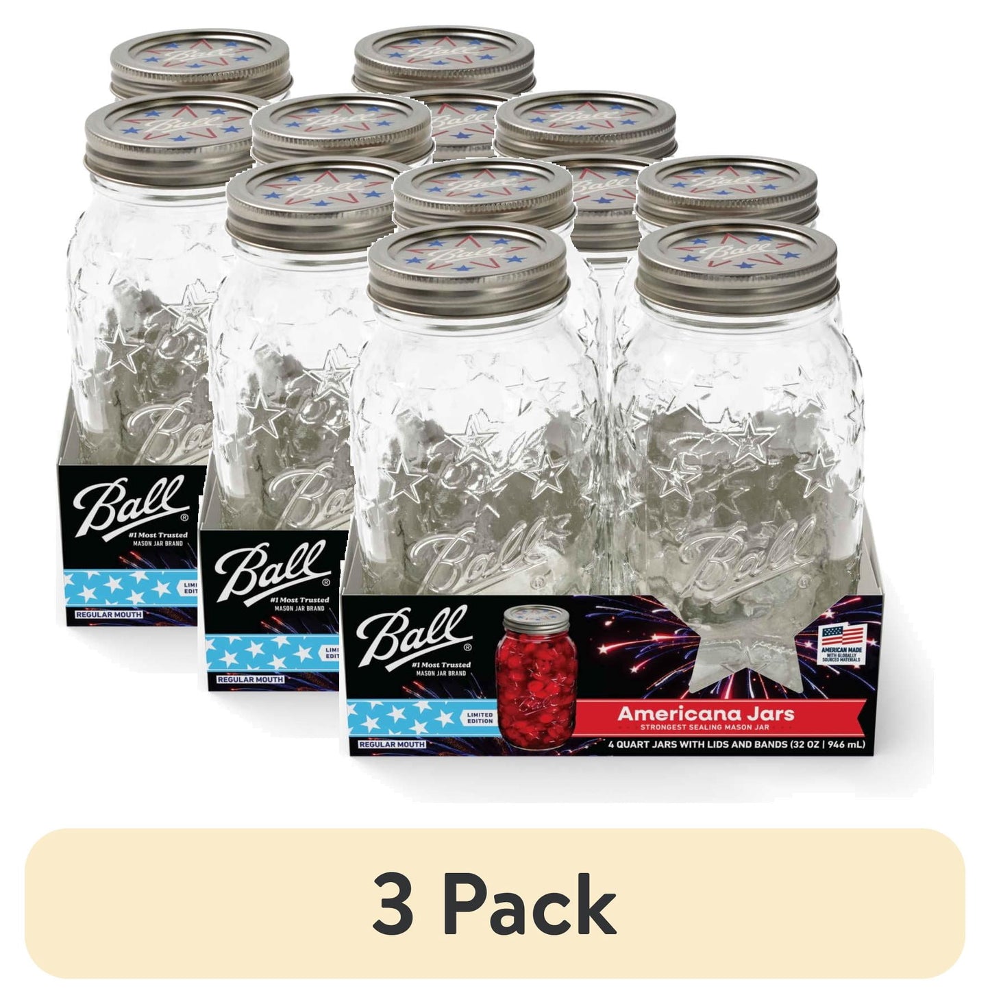 (3 pack) Limited Edition Ball Americana Quart Mason Jar, 32 oz. Regular Mouth Glass Jars, Quart Size Mason Canning Jars, 4 Pack
