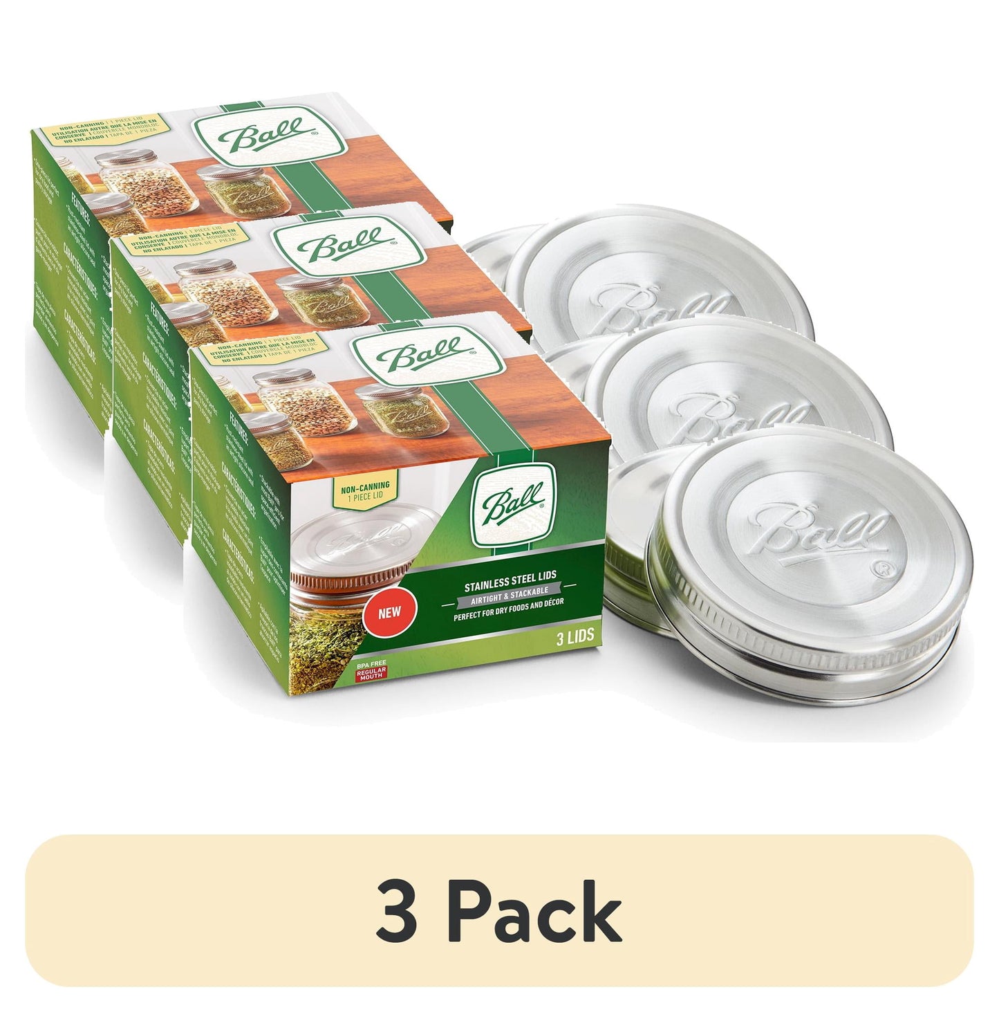 (3 pack) Ball Jar Stainless Steel One-Piece Mason Jar Lids, Regular Mouth, 3-Pack