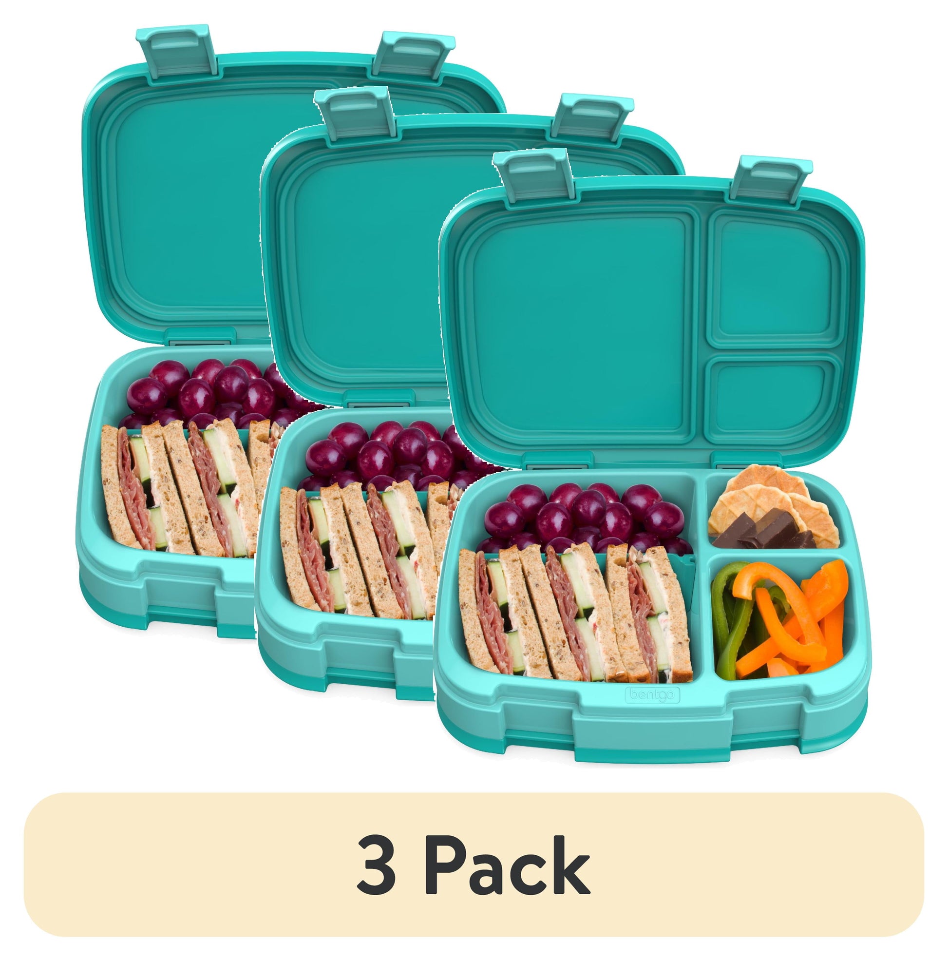 (3 pack) Bentgo Fresh, Leak-Proof, Versatile 4-Compartment Bento-Style Lunch Box with Removable Divider, Portion-Controlled Meals for Teens and Adults On-The-Go, BPA-Free, Food-Safe Materials (Aqua)