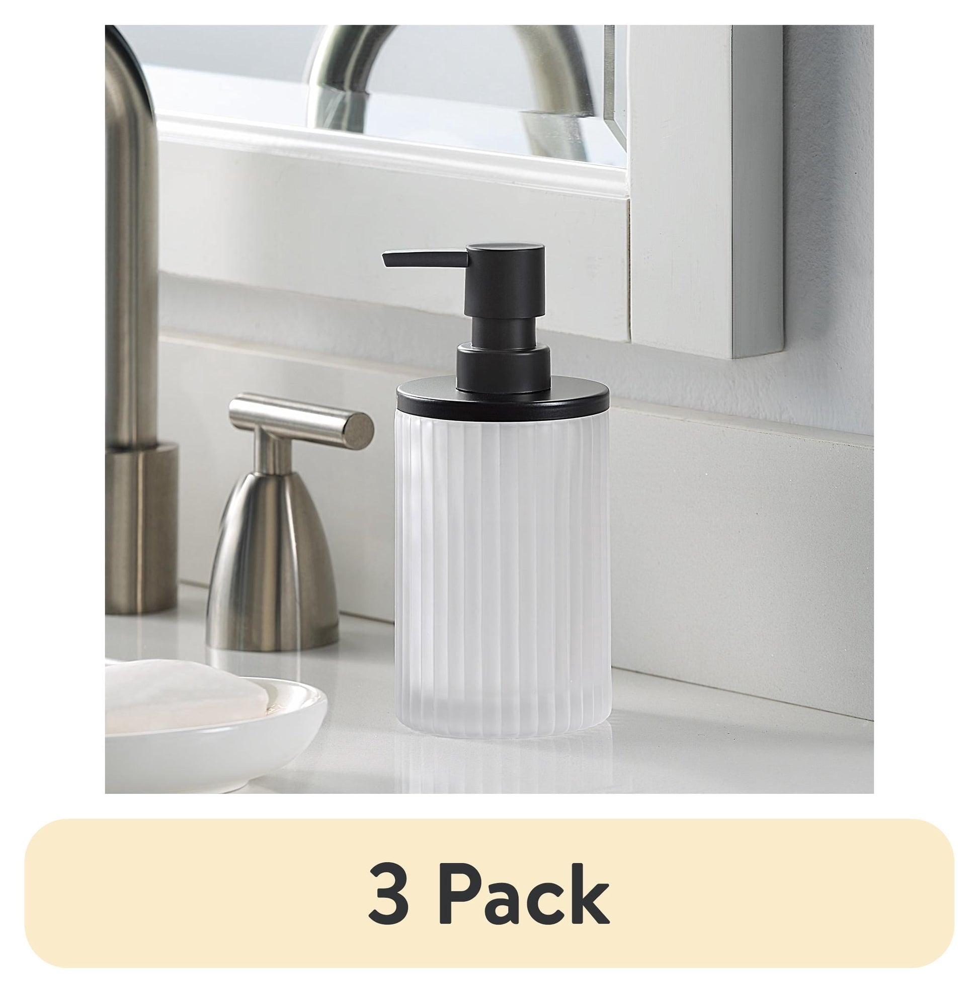 (3 pack) Better Homes & Gardens Ribbed Glass and Metal Soap Pump, White with Black Accents