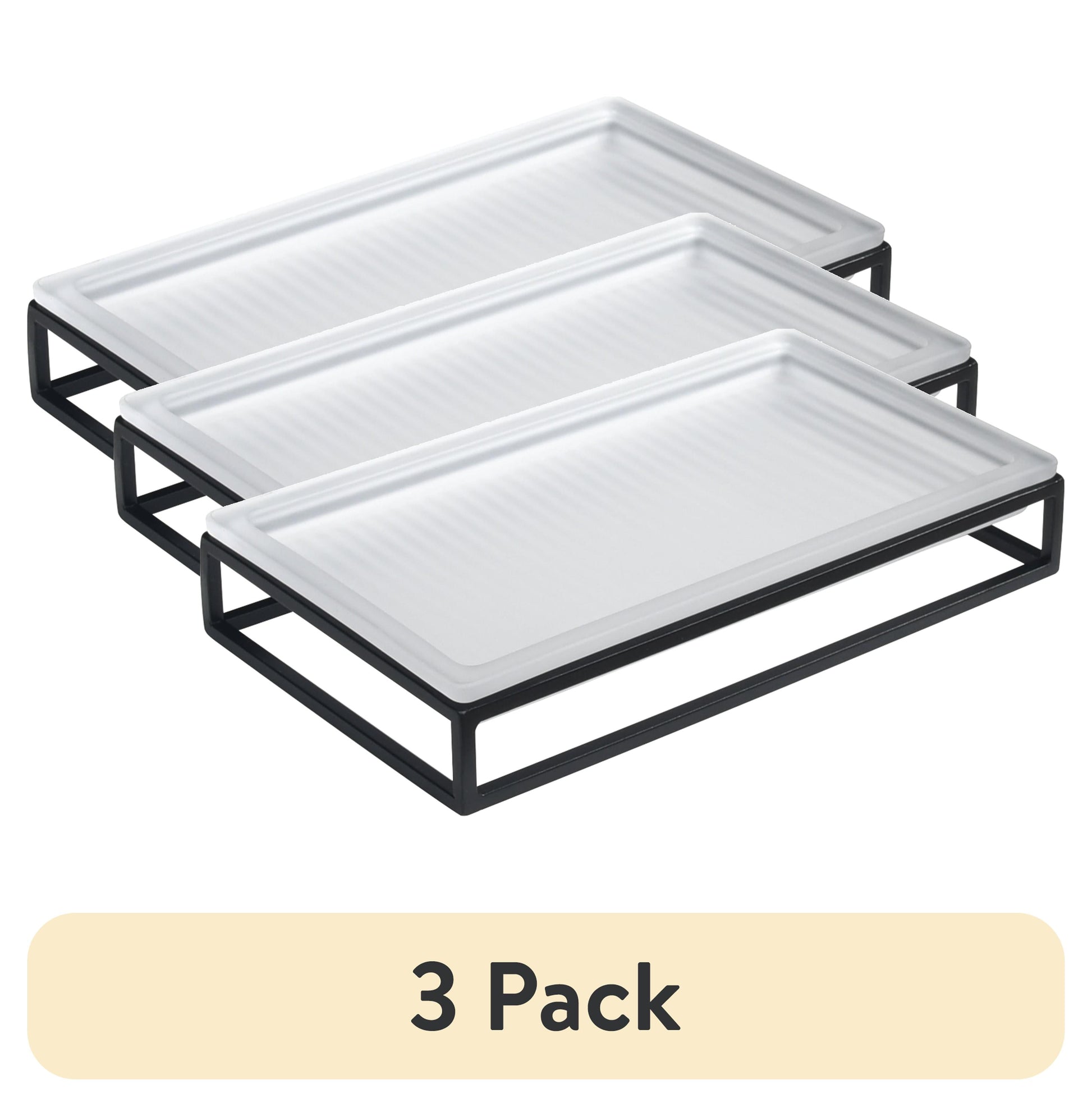 (3 pack) Better Homes & Gardens Ribbed Glass and Metal Tray, White with Black Accents