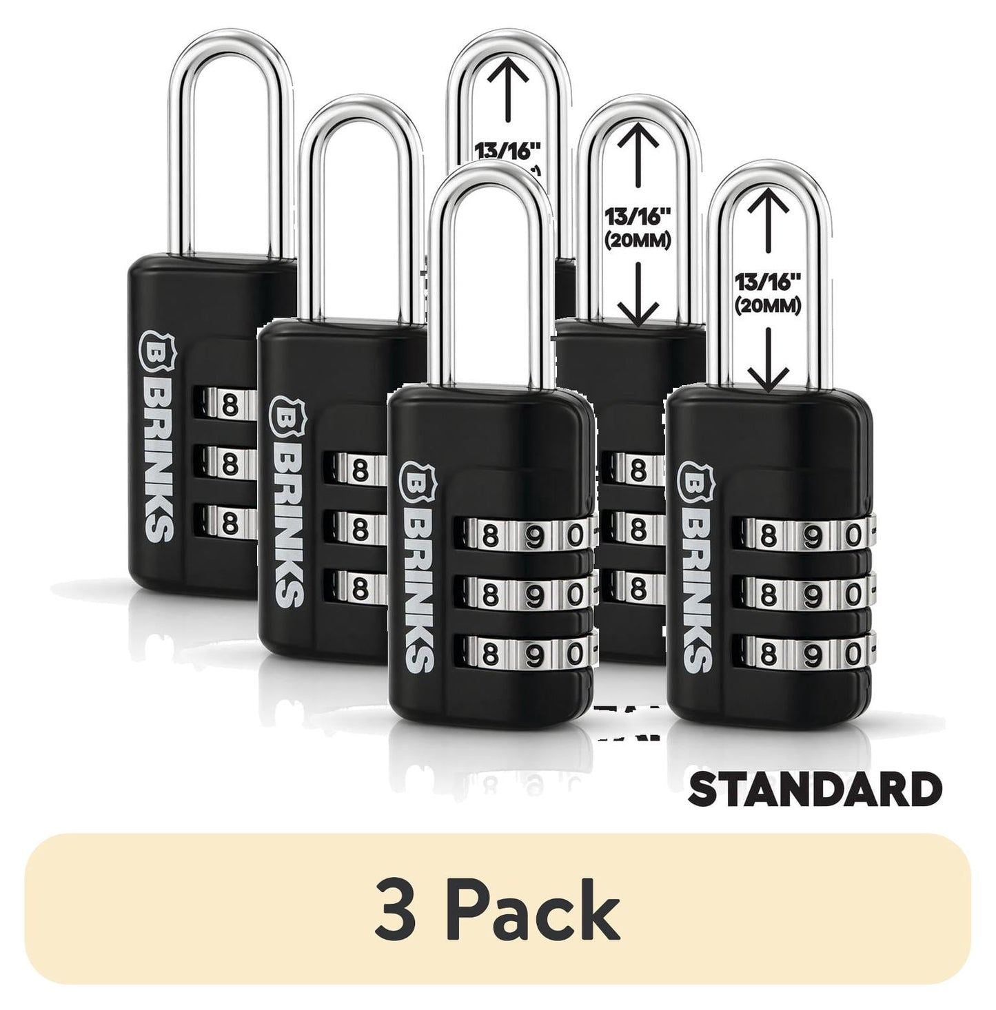 (3 pack) Brinks Zinc Diecast 22mm Combination Sport Padlock with 13/16in Shackle, 2 pack