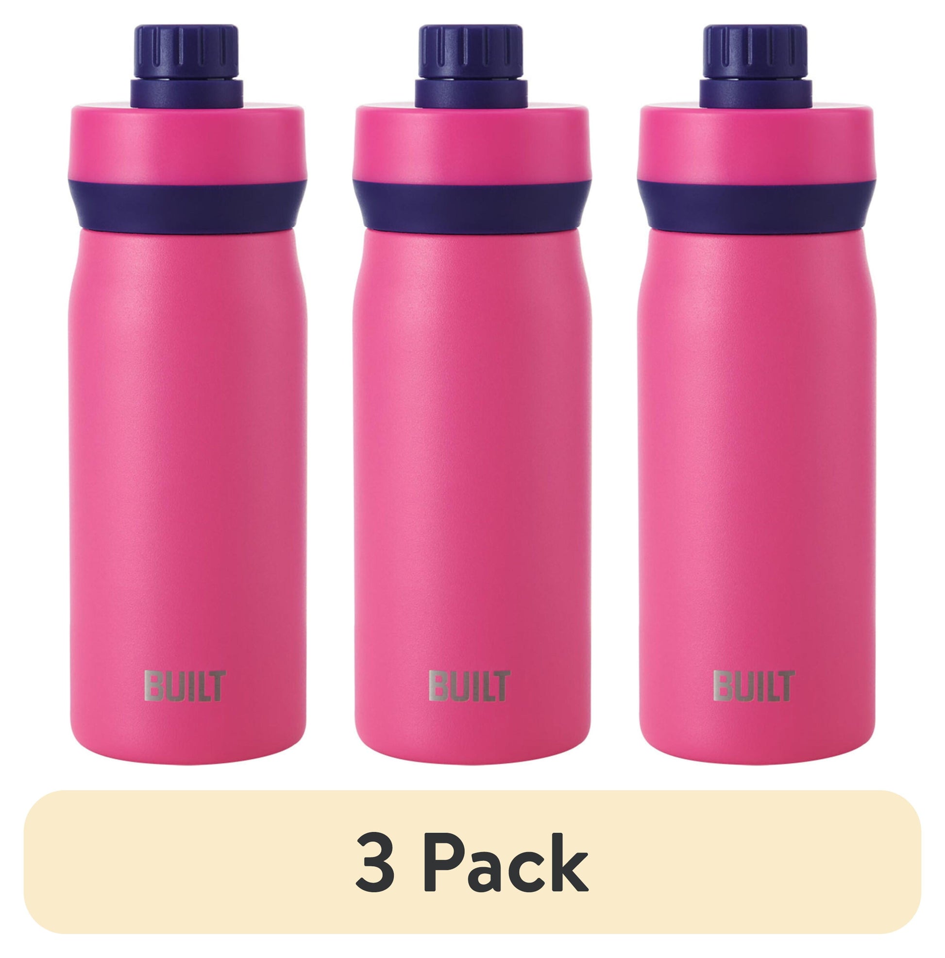 (3 pack) BUILT Cascade 16 oz Stainless Steel Kids Water Bottle with Leakproof Flip-Top Chug Lid, Pink