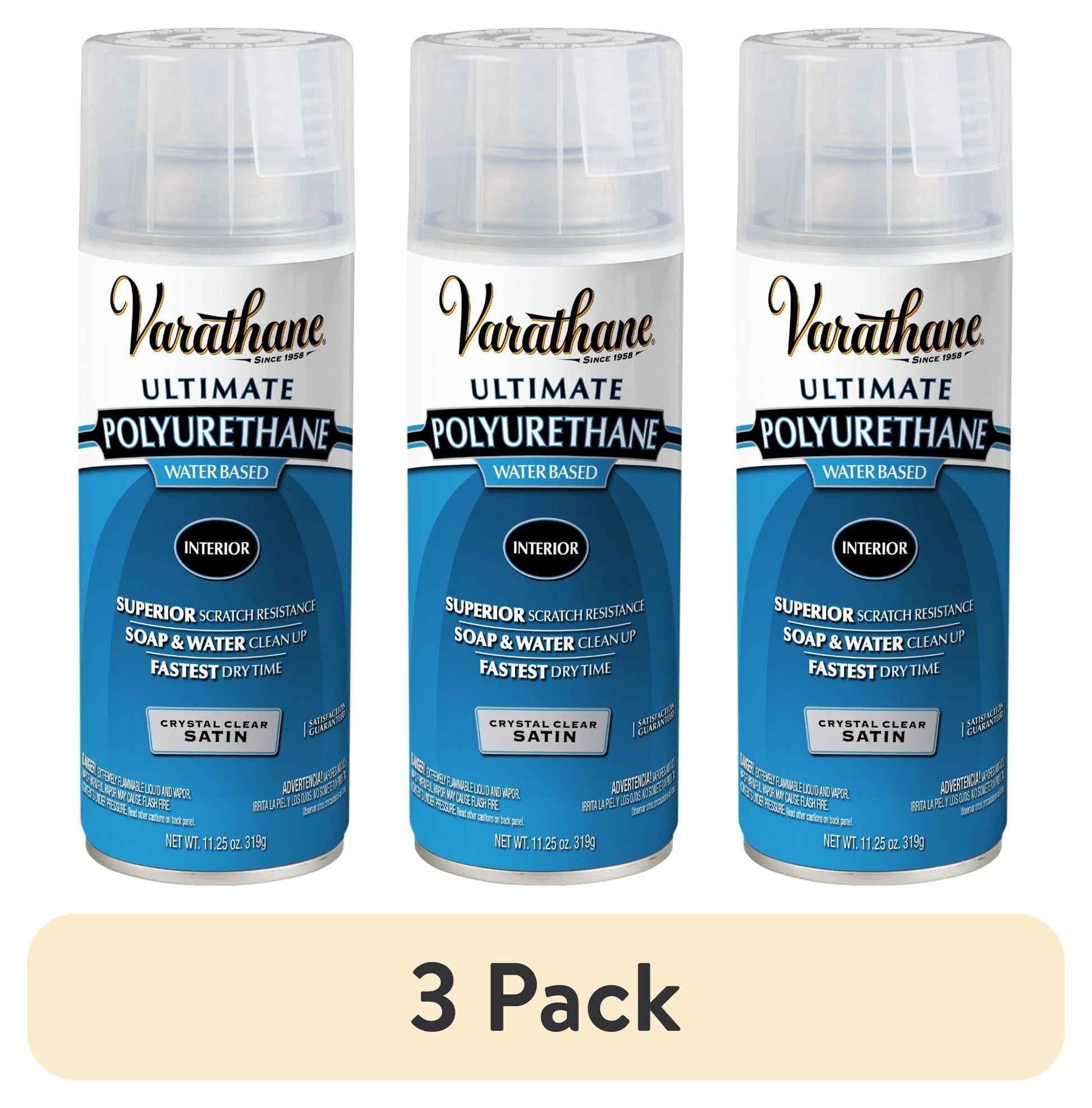 (3 pack) Clear, Varathane Ultimate Polyurethane Water-Based Satin Spray-200281, 11.25 oz