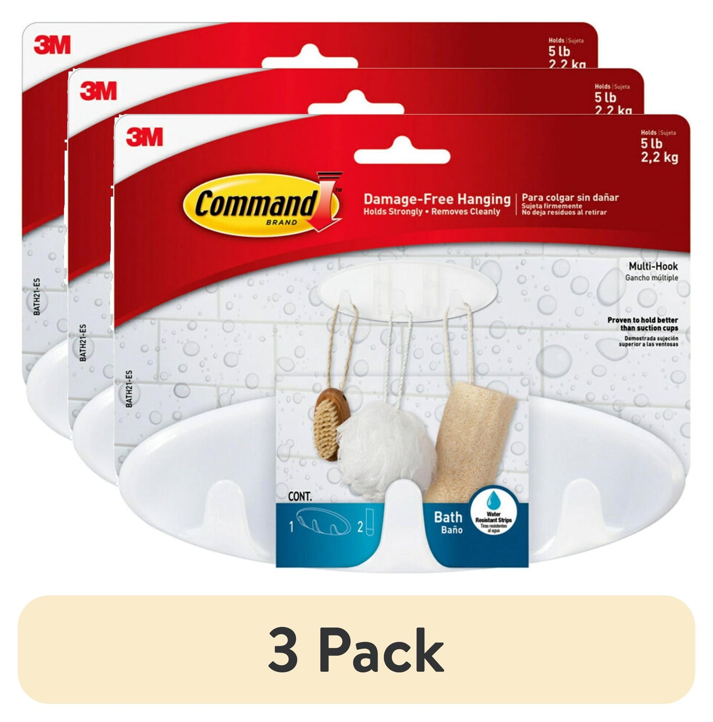(3 pack) Command Bath Multi-Hook, 1 Wall Multi-hook, 2 Large Water Resistant Strips, Bathroom Organization