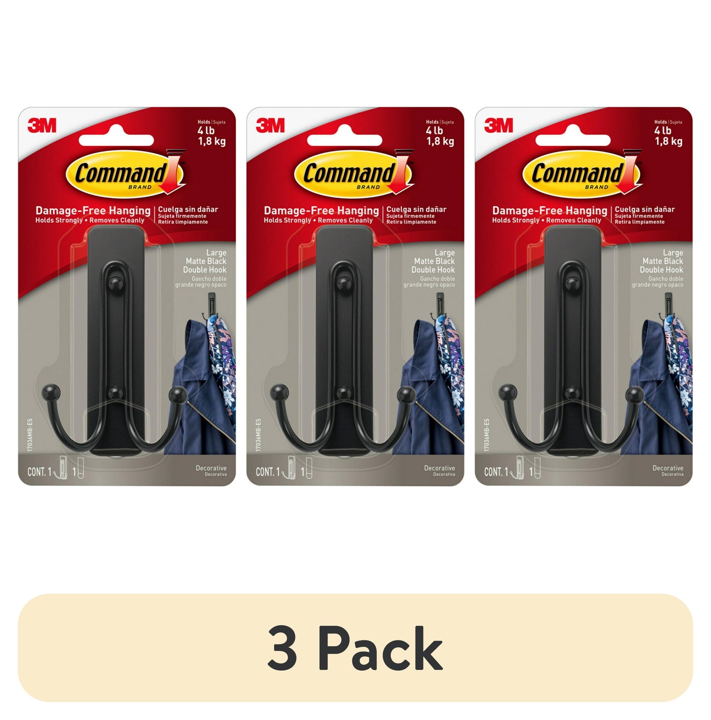 (3 pack) Command Large Double Wall Hooks, Black, Damage Free Decorating, 1 Hook